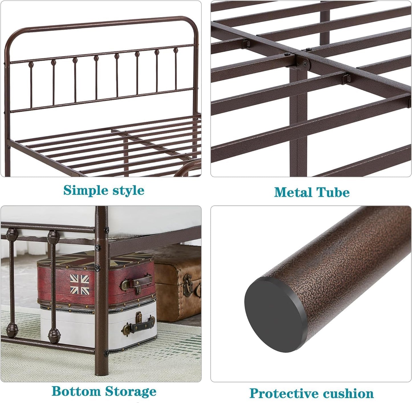 VECELO King Size Victorian Style Metal Bed Frame with Headboard/Mattress Foundation/No Box Spring Needed/Under Bed Storage and Strong Slat Support Purple Bronze