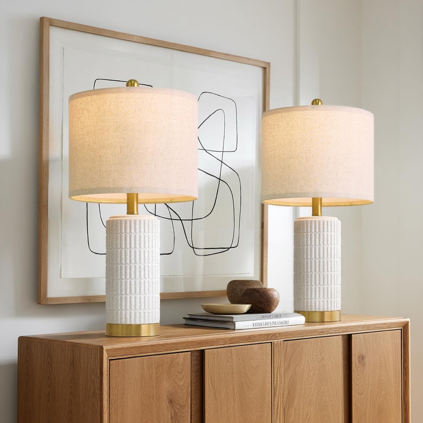 PoKat 20.75" Small Modern Ceramic Table Lamps Set of 2 for Bedroom, White Bedside Lamps for Night Stands, Farmhouse Desk Decor Gift Nightstand Table Lamps for Living Room End Table Beige