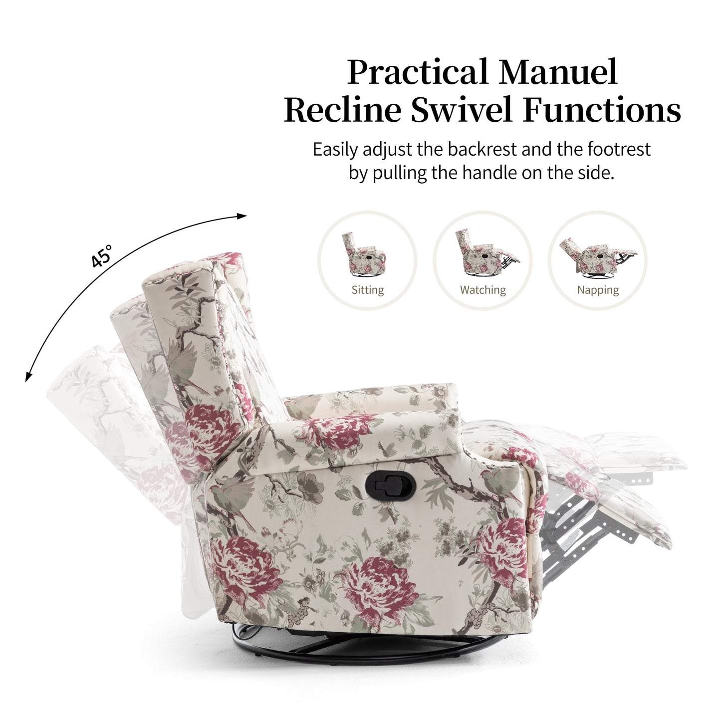 Swivel Rocker Recliner Chair, 360° Swivel Wingback Recliner Chairs for Adults, Upholstered Printed Fabric Glider Rocking Chair with High Back, Deep Seat for Living Romm Bedroom, Bird