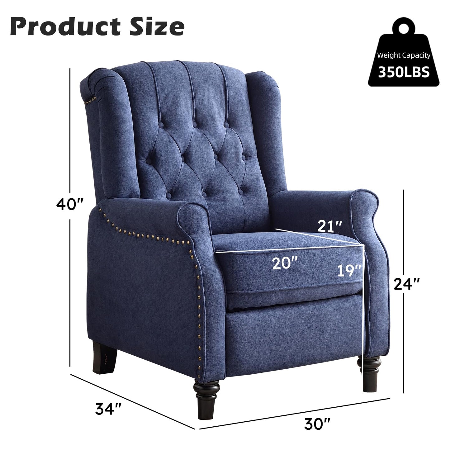 IOMOR Push Back Recliner Chair Fabric Lounge Armchair Pushback Recliner with Rivet Decoration Wingback Single Sofa Chair with Padded Seat for Living Room, Bedroom (1, Navy)