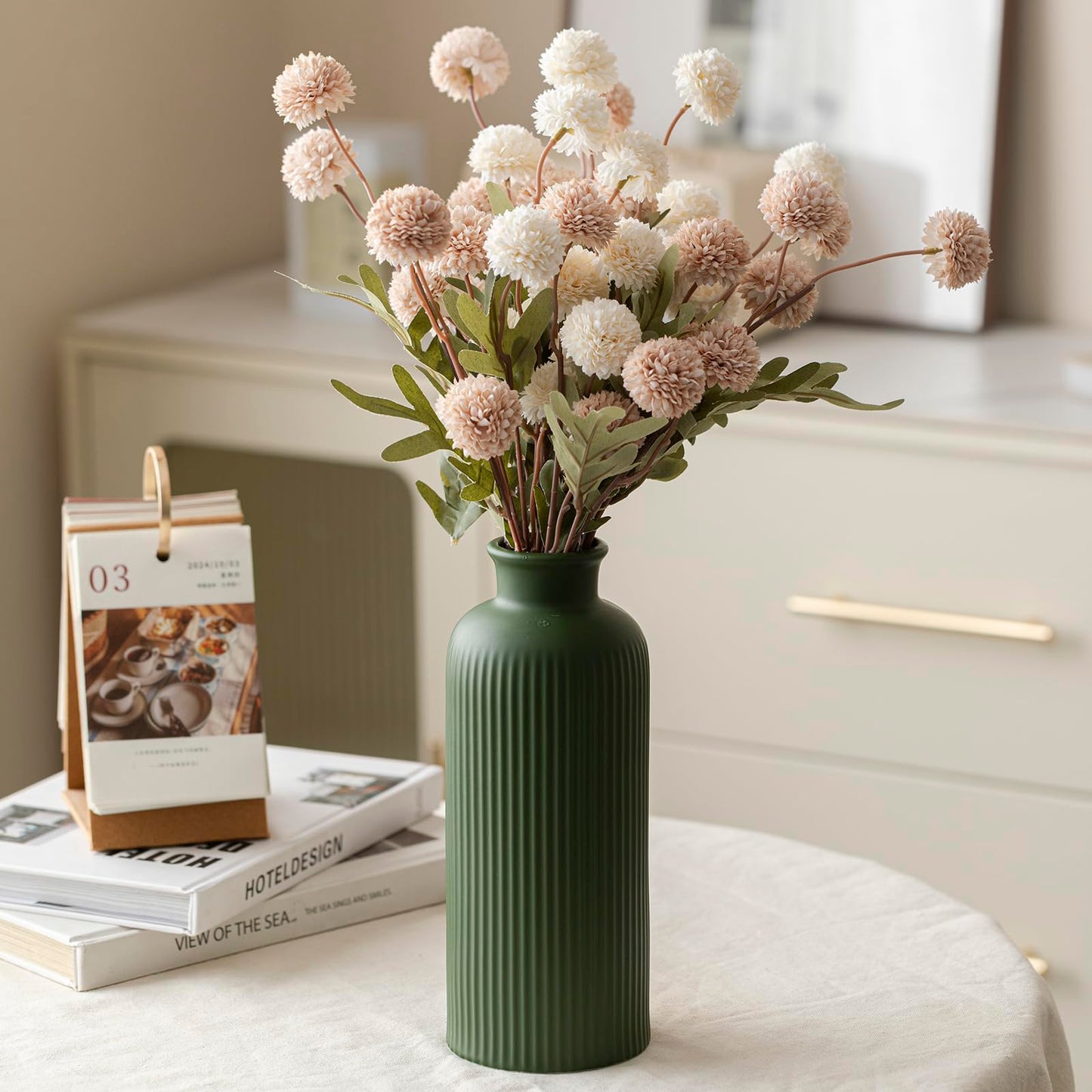 White Ribbed Ceramic Vase for Flowers, Modern Textured Decorative Vase, 10 Inch Tall, Farmhouse Style Home Decor (Matte Glaze White)