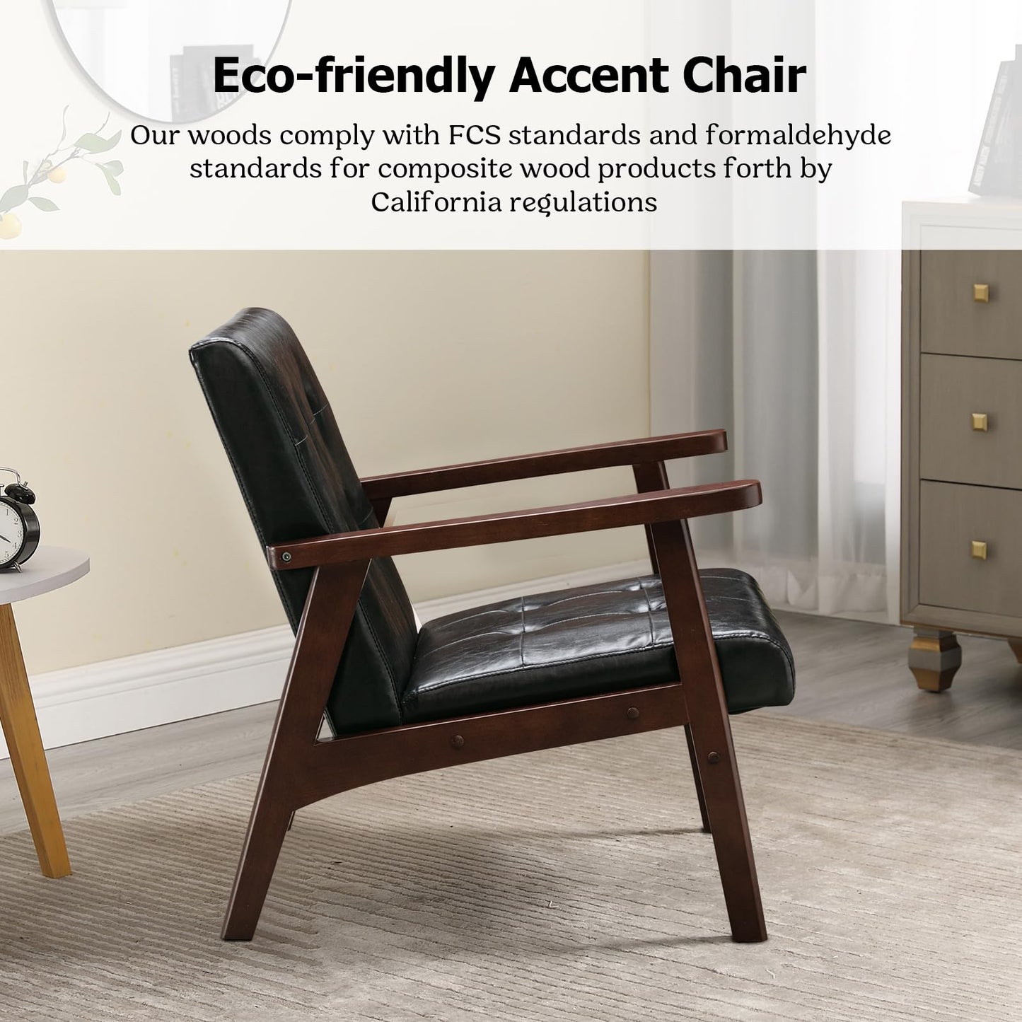 IOMOR Accent Chair Mid Century Modern Chair for Living Room, Comfy Faux Leather Armchair with Solid Wood Frame Soft Thick Padded, Side Chairs Easy Assembly (1, Brown)