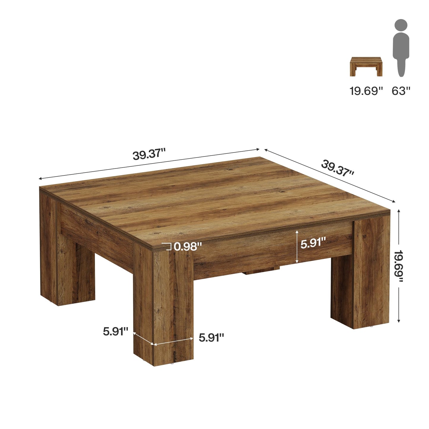 Tribesigns Square Coffee Table, 39-Inch Farmhouse Wooden Coffee Table with Sturdy Legs, Rustic Accent Center Table for Living Room, Easy Assembly, Light Brown