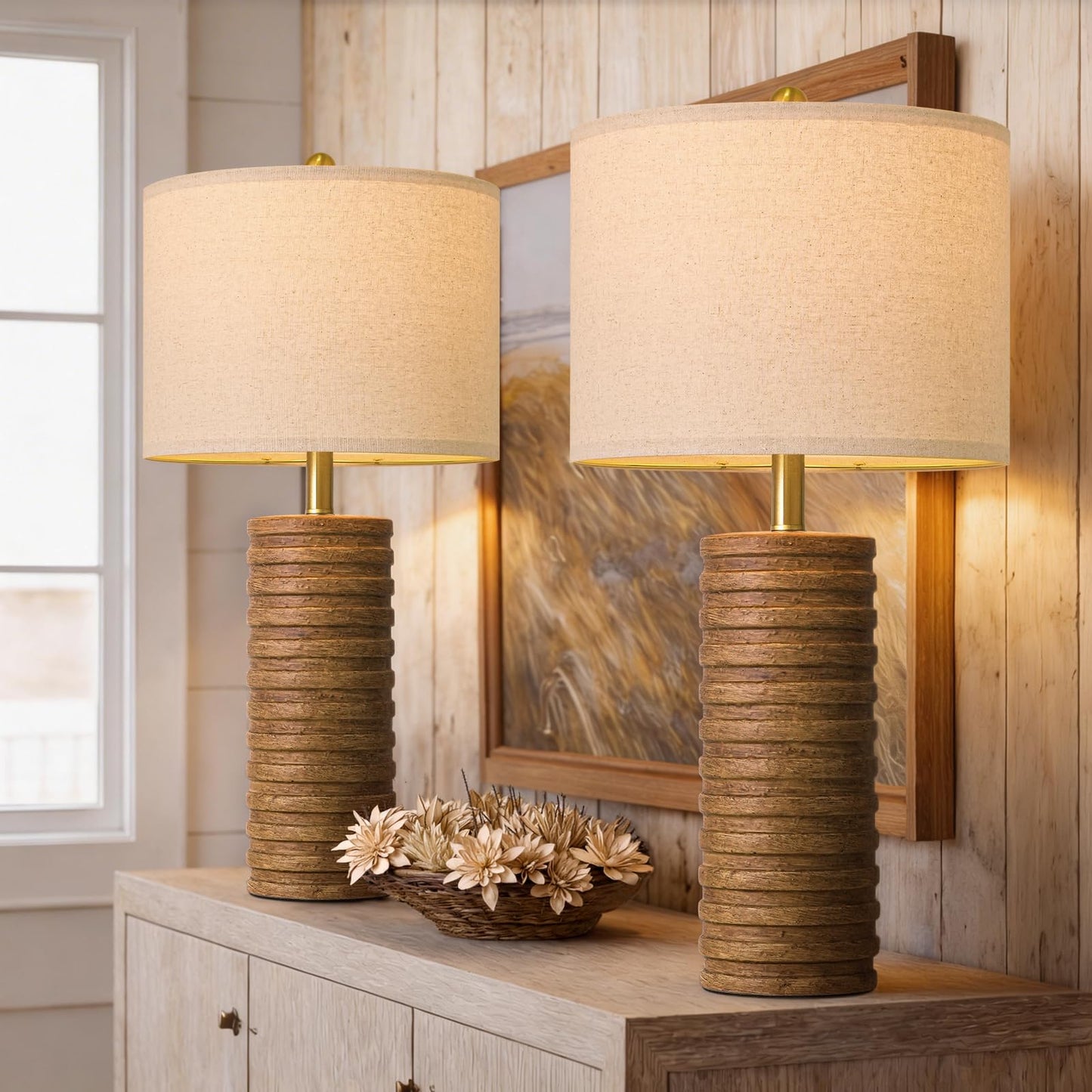 PoKat 27'' Farmhouse Table Lamps Set of 2 for Living Room, Stone-Like Bedside Lamp for Bedroom, Boho Ceramic Tall Lamps for Nightstand Office Sideboard Entryway Distressed (Antique Beige)