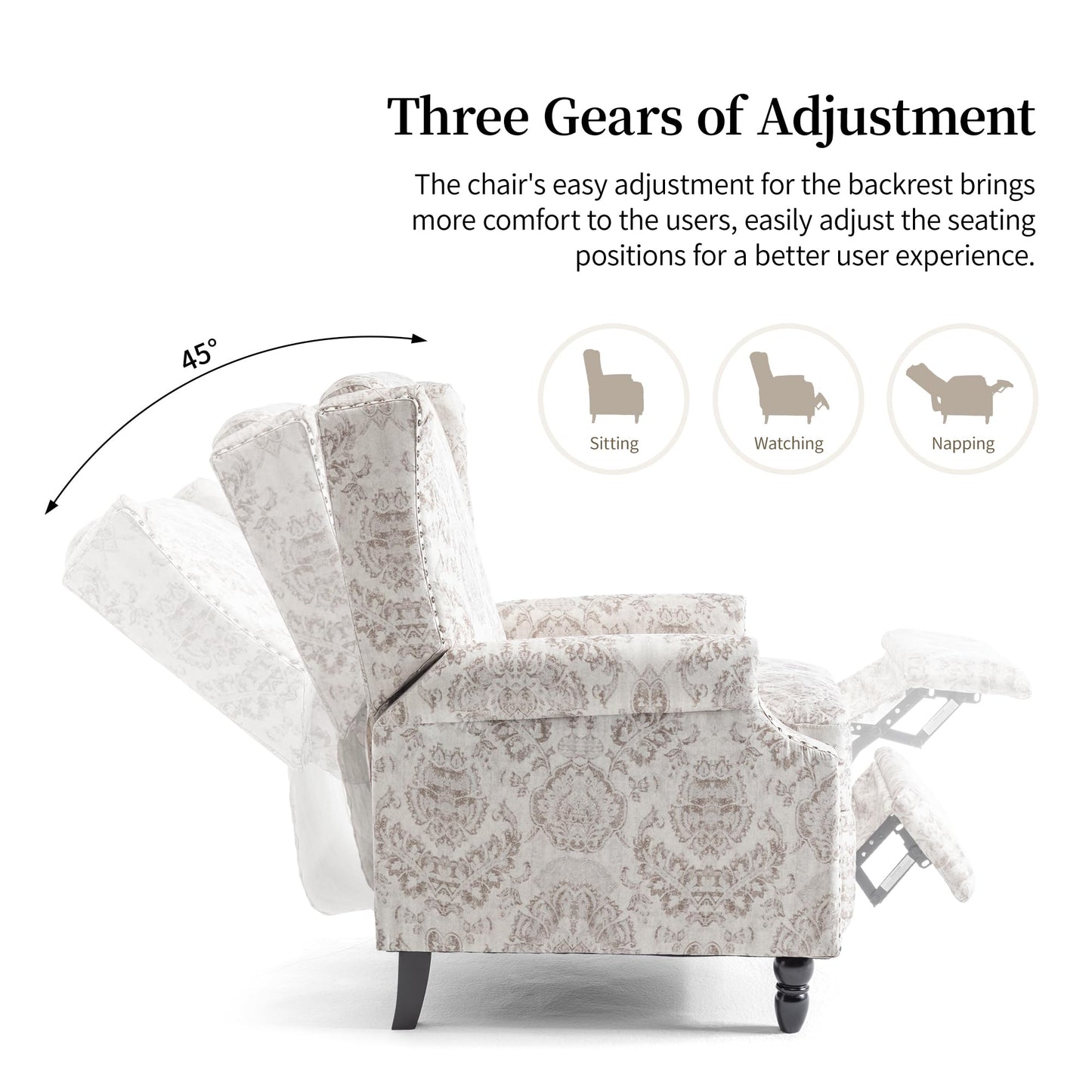 Pushback Recliner Chair, Printed Fabric Wingback Recliner Chair for Living Room, Upholstered Armchair Push Back Recliner with Wood Legs, Rivet Trim Wingback Accent Chair for Bedroom, Navy