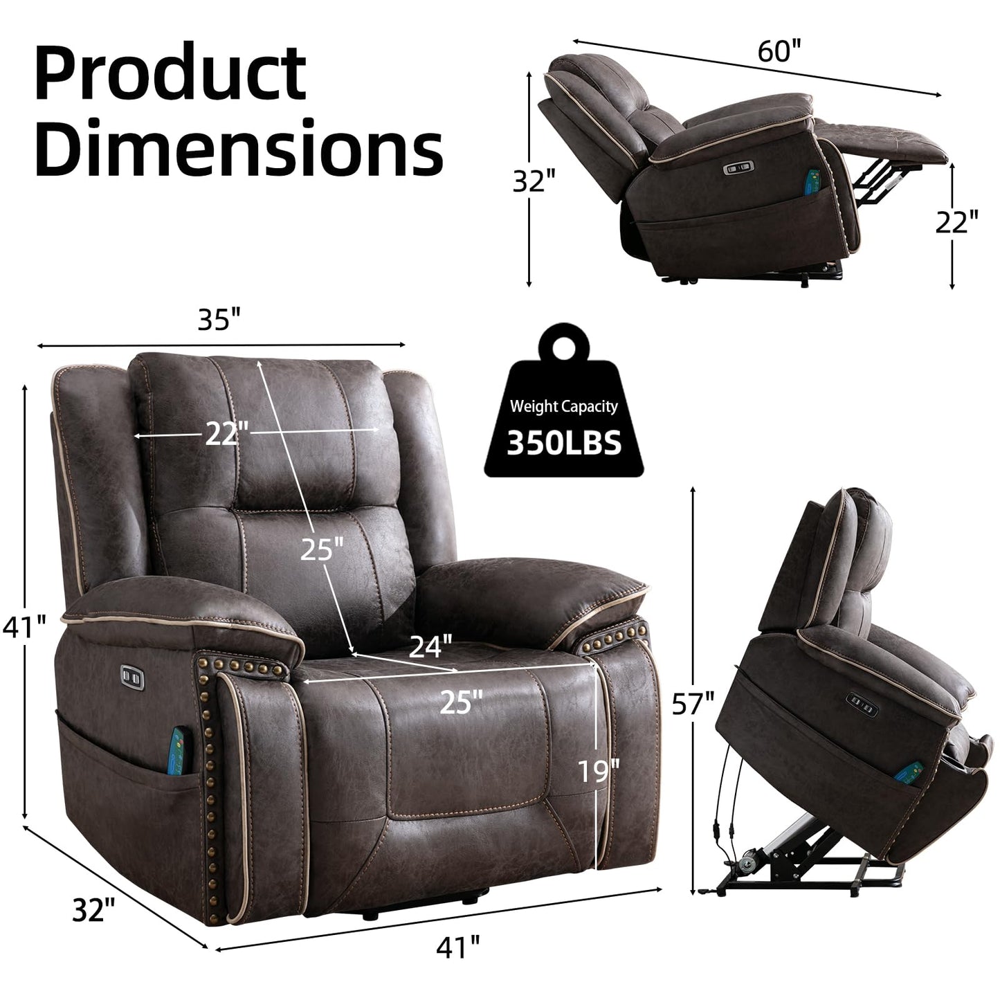 IOMOR Dual Motor Power Lift Chair for Elderly, Heavy Duty & Safety Motor Reclining Chair with Massage and Heat, Faux Leather Electric Wider Recliner with USB, 2 Concealed Cup Holders (1, Smoke Gray)