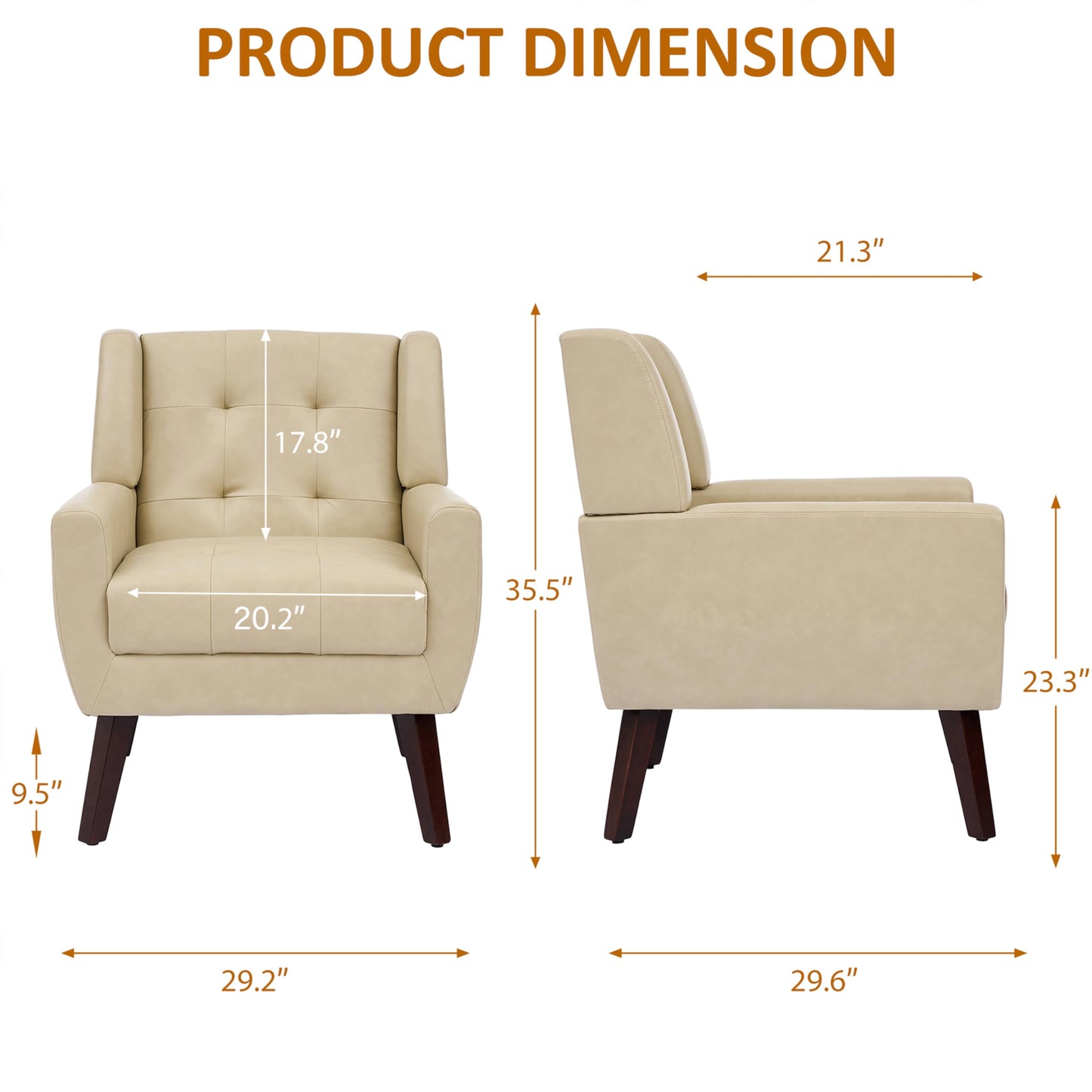 Faux Leather Accent Chairs Set of 2, Mid-Century Modern Upholstered Armchair, Comfy Living Room Chairs Reading Chairs with Button Tufted Back & Solid Wood Legs for Bedroom, Office, Black