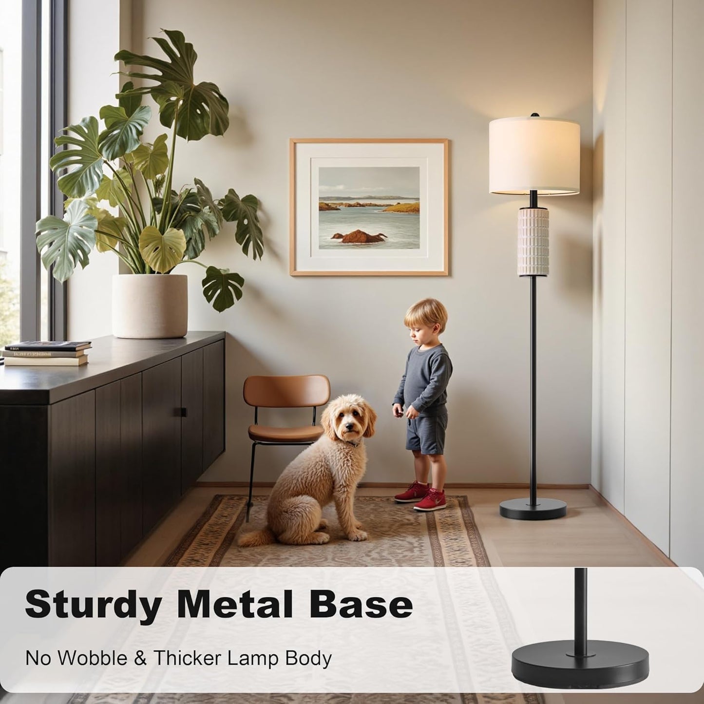 PoKat 64‘’ Ceramic Black Floor Lamp for Living Room Bedroom and 20‘’ Modern Ceramic Table Lamps Set of 2