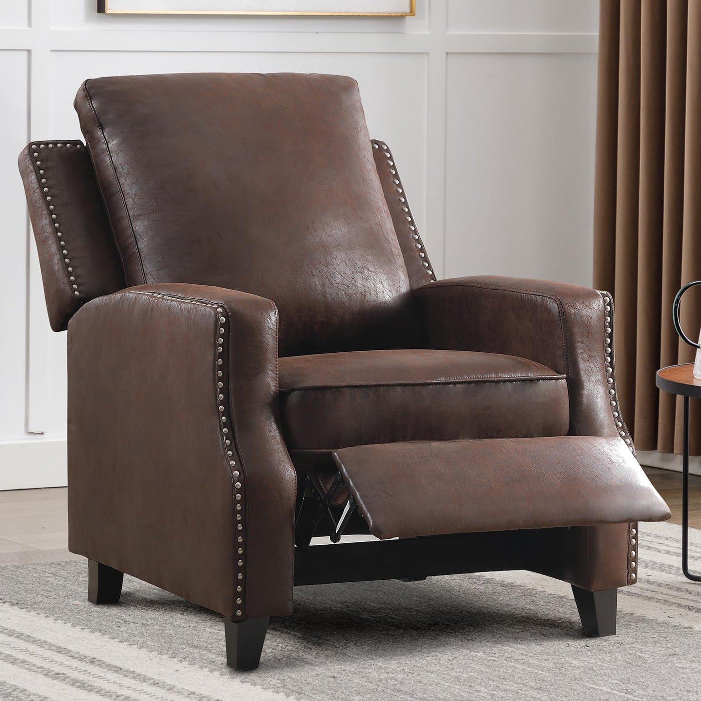 IOMOR Push Back Recliner Chair Faux Leather Lounge Armchair with Rivet Decoration Wingback Single Sofa Chair with Padded Seat Solid Wood Legs for Living Room, Comfy Upholstered, Red Brown