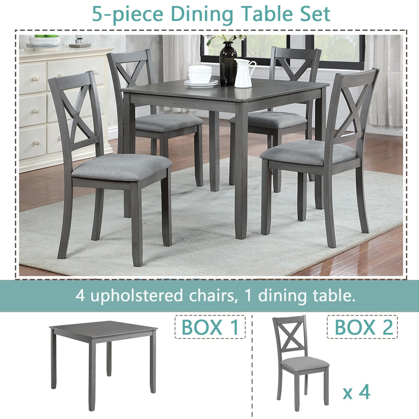 LKTART 5-Piece Kitchen & Dining Room Table and Chairs Sets,Small Square Kitchen Table with 4 Upholstered XX-Shaped Backrest Chairs,Walnut