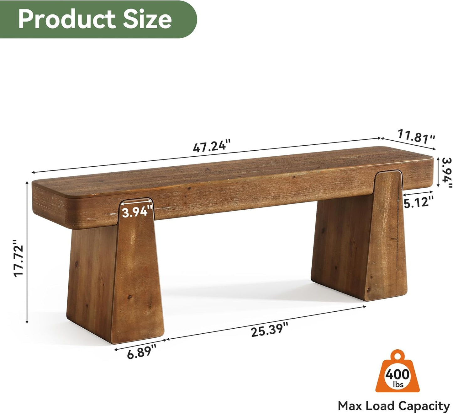 Solid Wood Bench, 47-Inch Farmhouse Wood Entryway Bench with Thickened Legs, Narrow Indoor Wooden Bench for Entry, Hallway, Living Room, End of Bed, Dark Brown