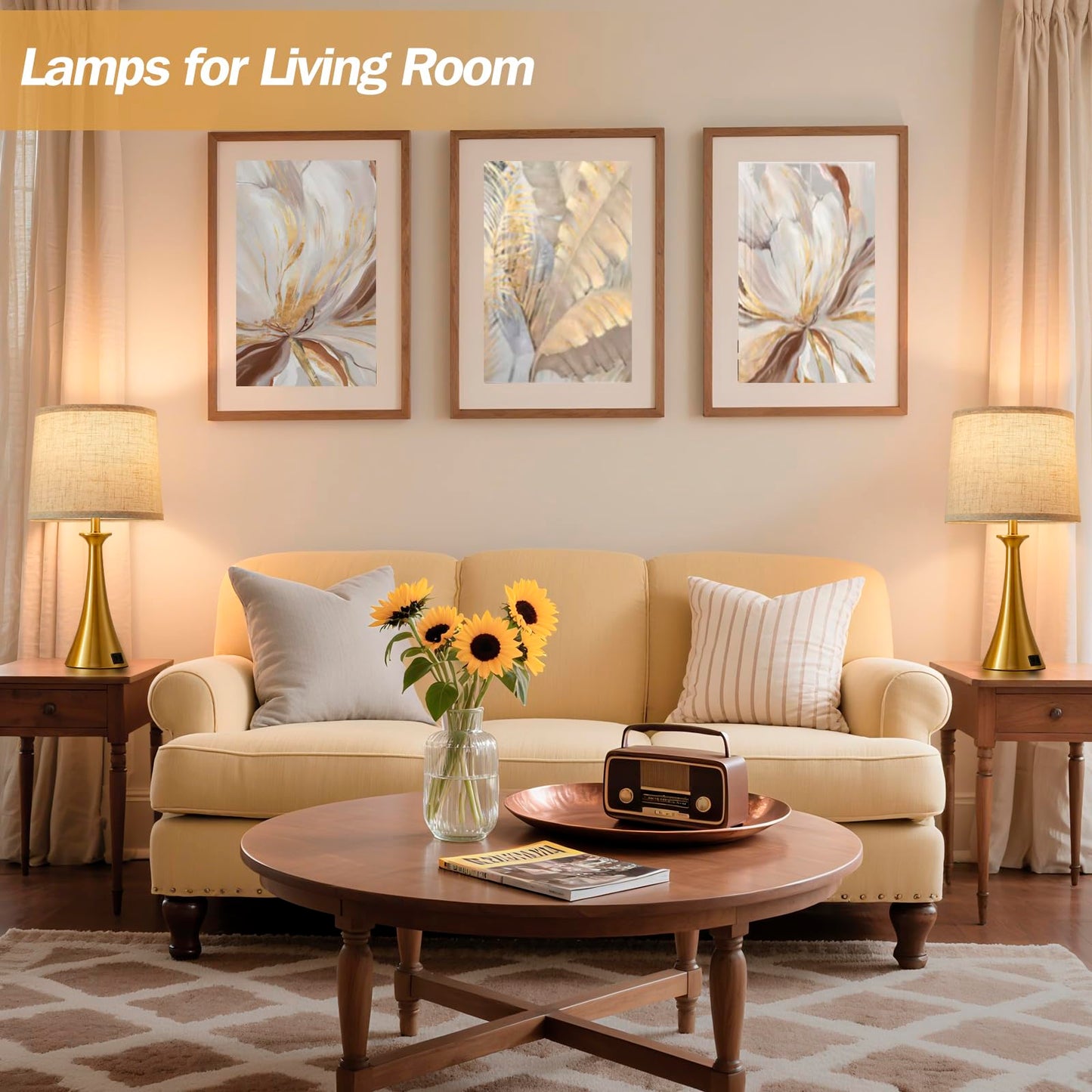 Touch Lamp for Living Room Bedroom, 21" Table Lamps Set of 2 with USB C+A Ports, Touch Bedside Lamps for Nightstand with 3 Way Dimmable, 2 LED Bulbs Included, Black