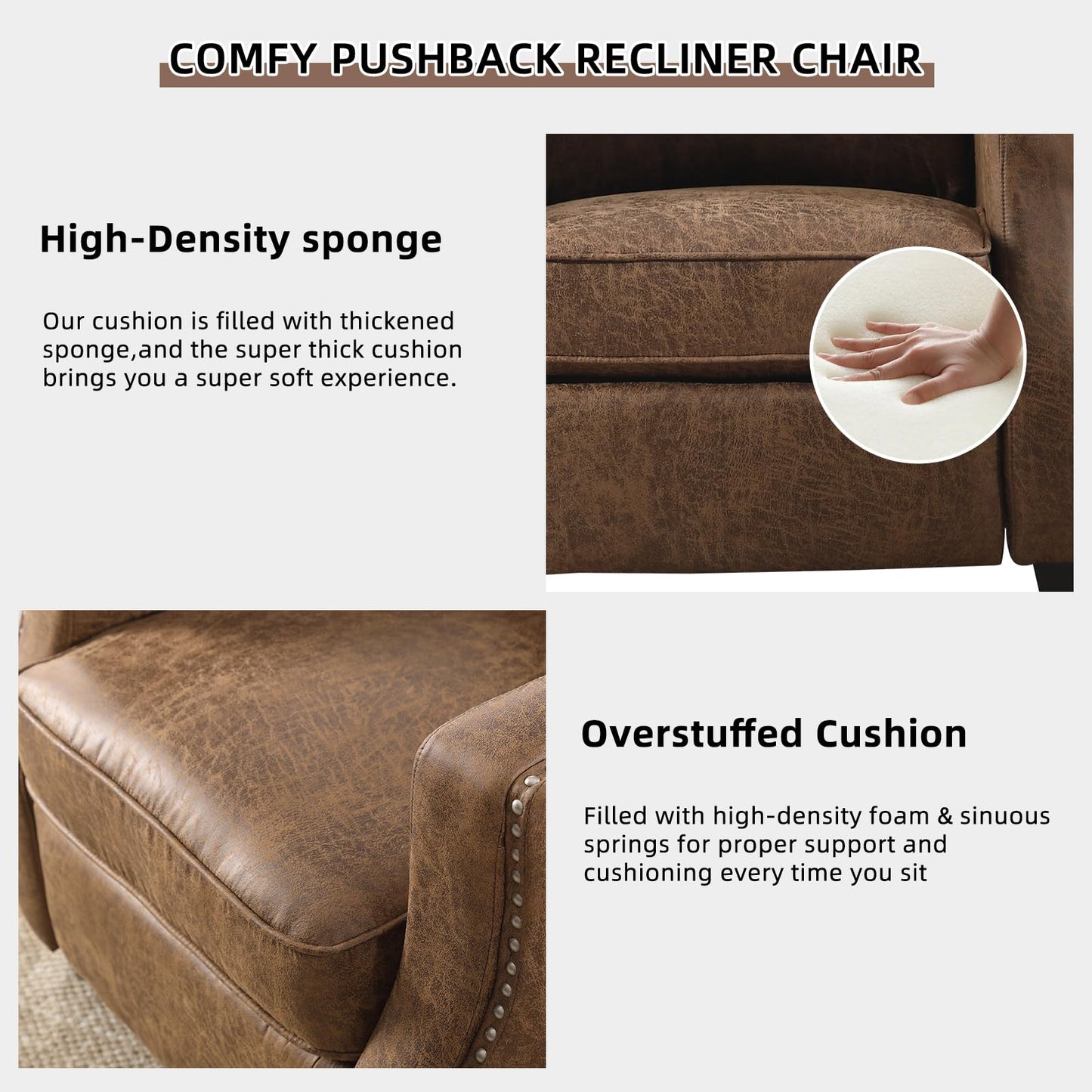 IOMOR Push Back Recliner Chair Faux Leather Lounge Armchair with Rivet Decoration Wingback Single Sofa Chair with Padded Seat Solid Wood Legs for Living Room, Comfy Upholstered, Red Brown