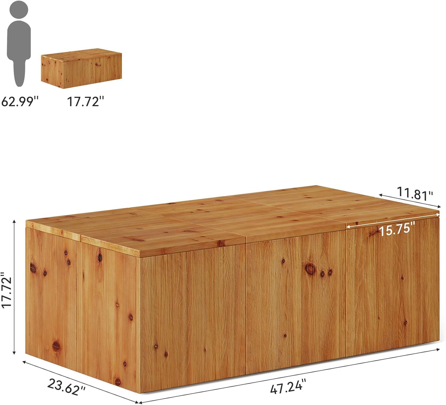 47-inch Rectangle Solid Wood Block Coffee Table, Farmhouse Center Table with Natural Wood Grain, Sturdy Wobble-Free Construction for Living Room, Retro Style