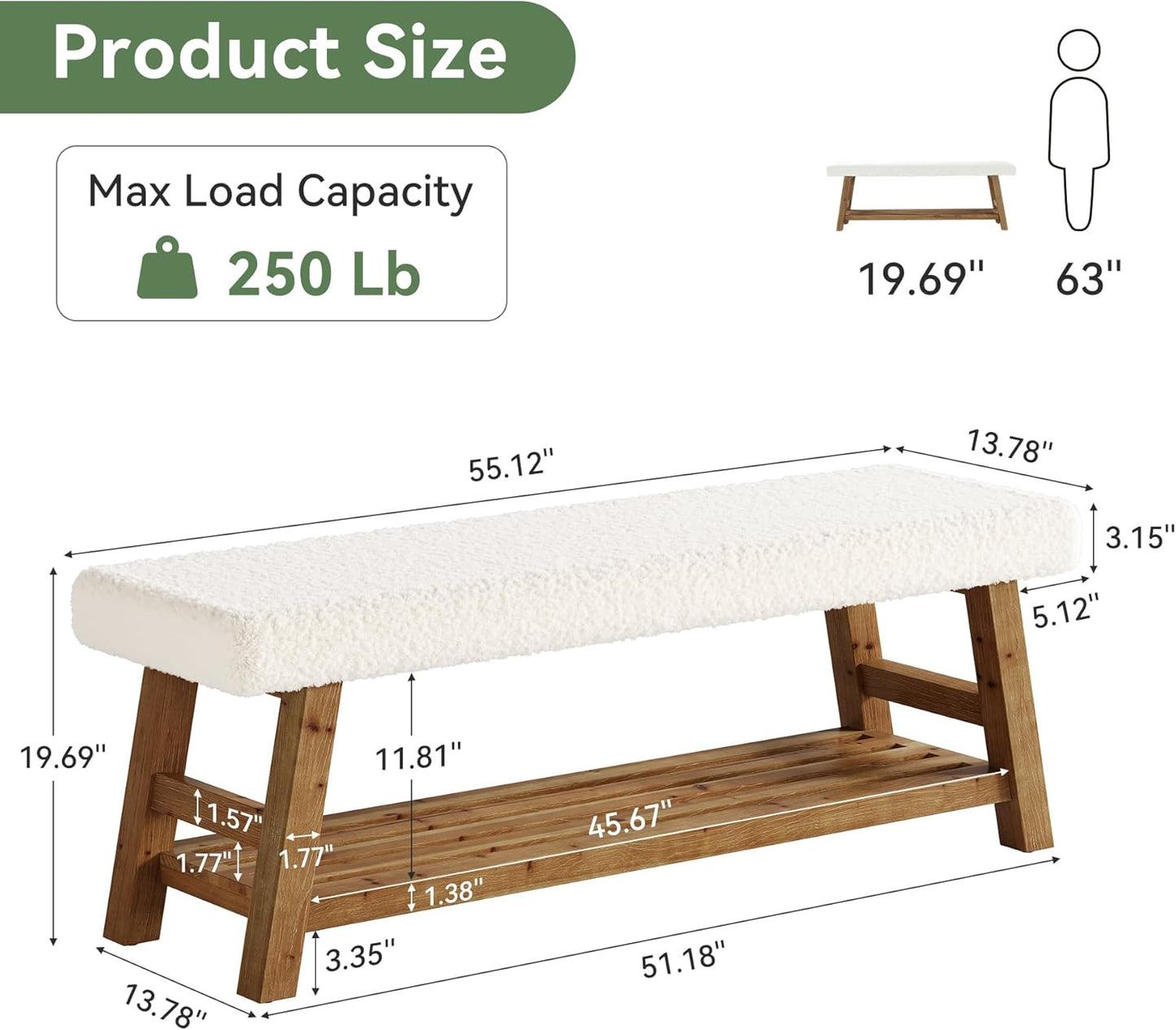 55-Inch Upholstered Entryway Bench, 2-Tier Solid Wood Shoe Bench with Cushion and Storage, Modern End of Bed Seating for Bedroom, Entryway, Hallway, Living Room, White & Brown
