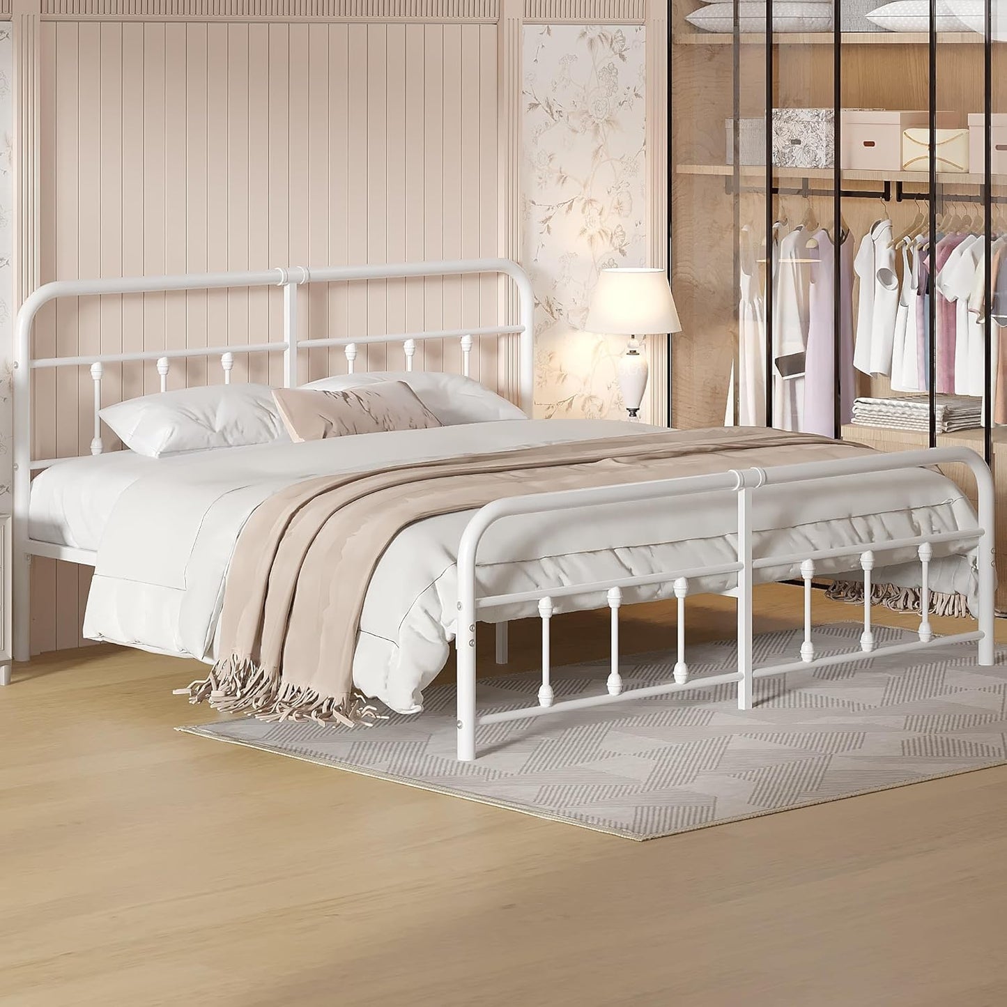 VECELO King Size Victorian Style Metal Bed Frame with Headboard/Mattress Foundation/No Box Spring Needed/Under Bed Storage and Strong Slat Support Purple Bronze