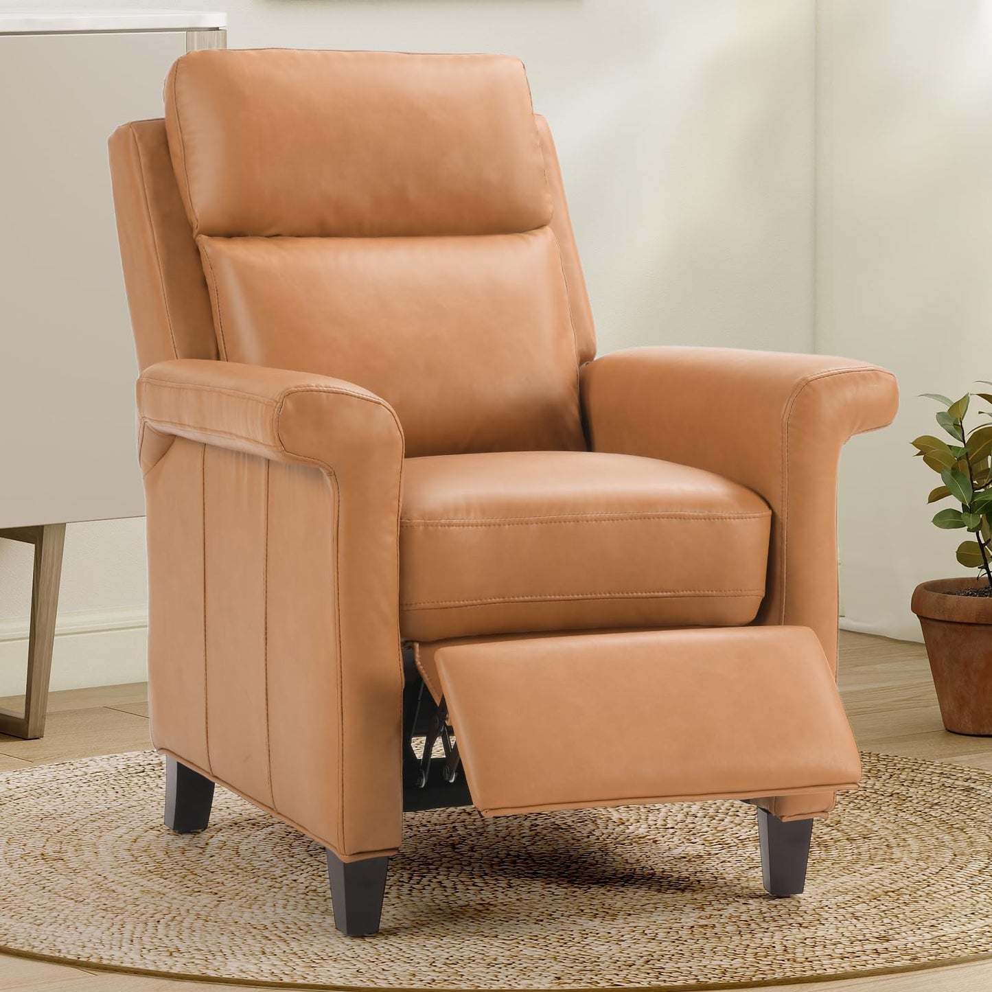 IOMOR Push Back Recliner Chair, Faux Leather Lounge Armchair with Footrest, Decoration Single Sofa Accent Chair for Living Room, Bedroom, Small Spaces (1, L-Brown)