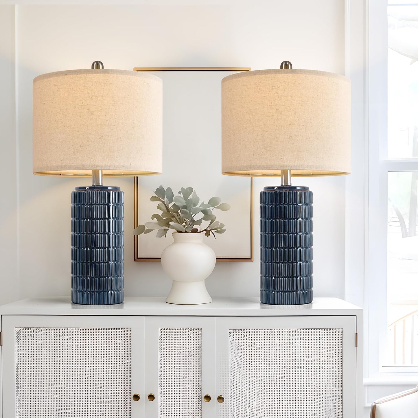 PoKat 23" Modern Ceramic Table Lamp Set of 2 for Living Room White Desk Lamps for Bedroom Farmhouse Bedside Nightstand Lamp House Warming Gifts New Home Decor End Table Lamps Gifts for Women Mom Beige