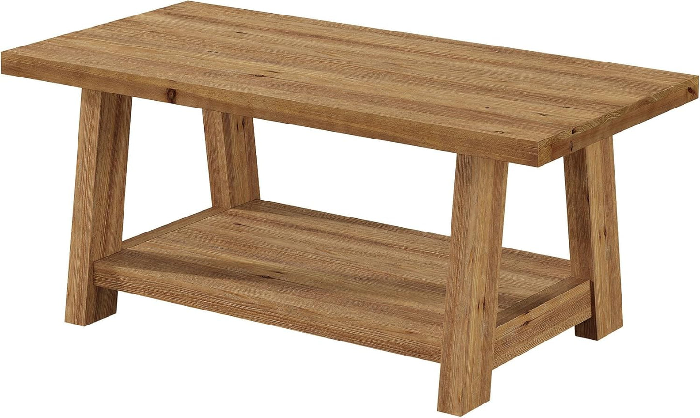 Rustic Solid Wood Coffee Table, 2-Tier Rectangle Accent Center Table with Lower Storage Shelf, Farmhouse Simple Cocktail Tea Tables with Sturdy Legs for Living Room, Brown