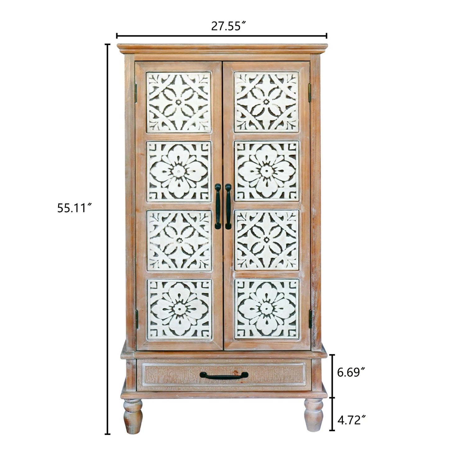LKTART KTART 55'' Tall Kitchen Pantry Cupboard Storage Cabinet with Shelves & Drawer,French Country Accent Cabinet with Embossed Floral Metal Doors and Solid Wood Frame,Natural Wood