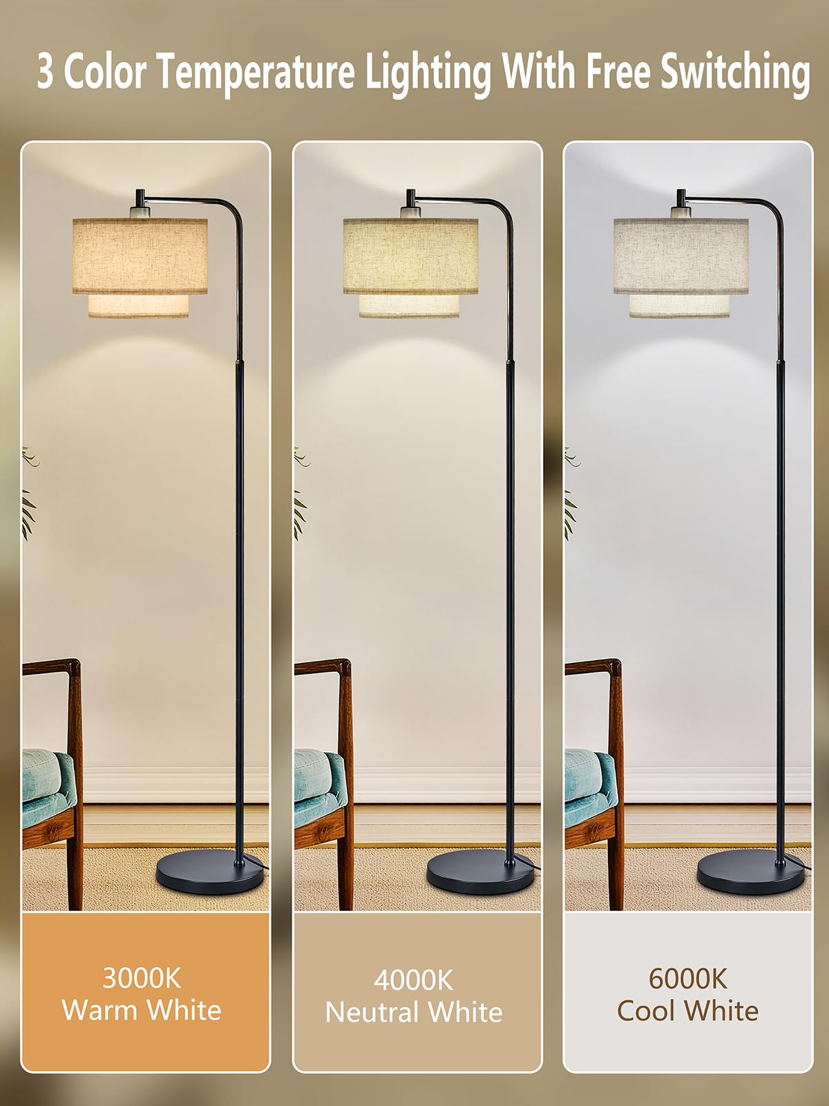 64" Modern Floor Lamp for Living Room Bedroom, Floor Lamp with 3 Color Temperatures, Standing Lamp with Double Oatmeal Linen Lampshade, Tall Lamp with A19 12W LED Bulb, Foot Switch Control, Black