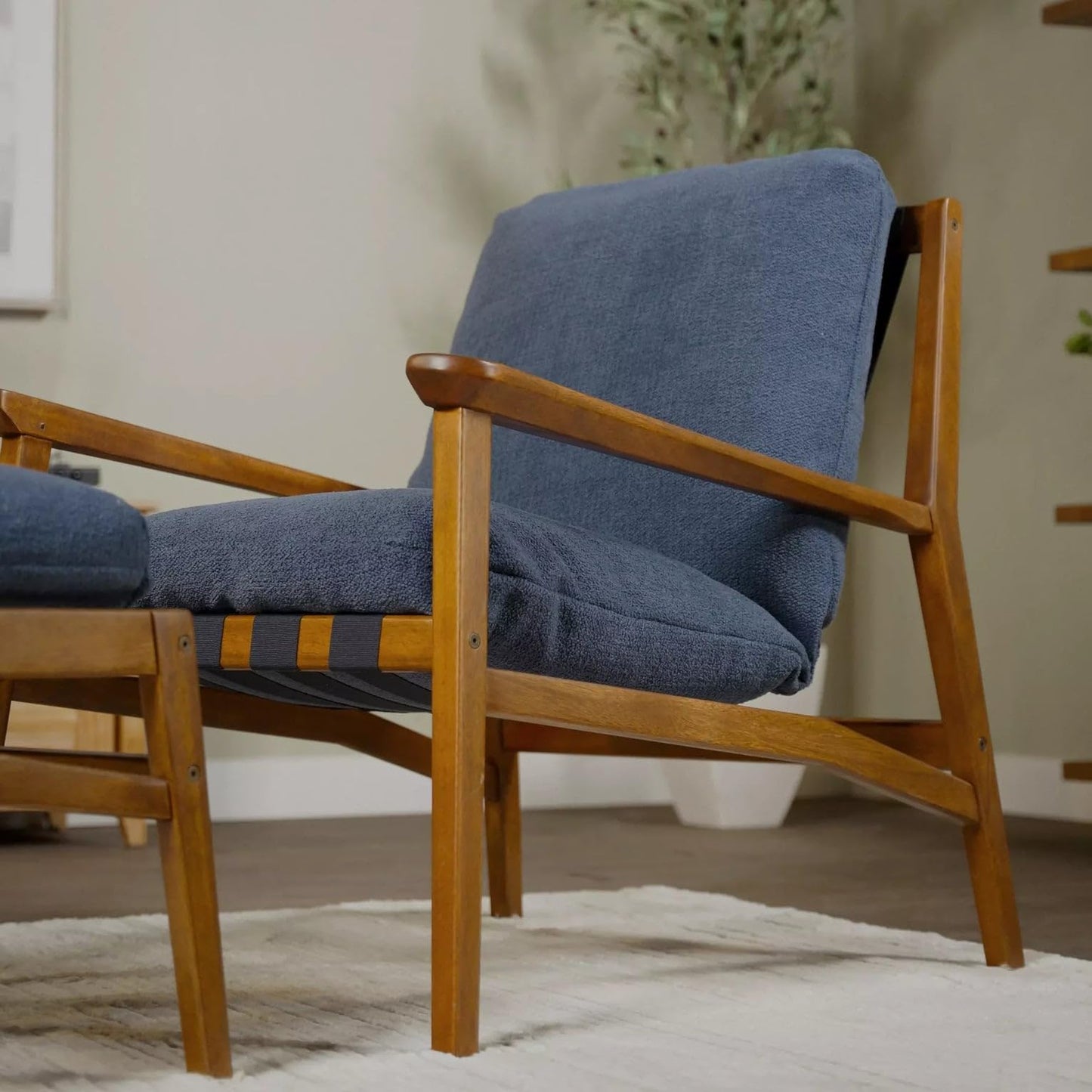 Grain Wood Furniture Solid Wood Mid Century Lounge Chair with Stone Gray Cushions