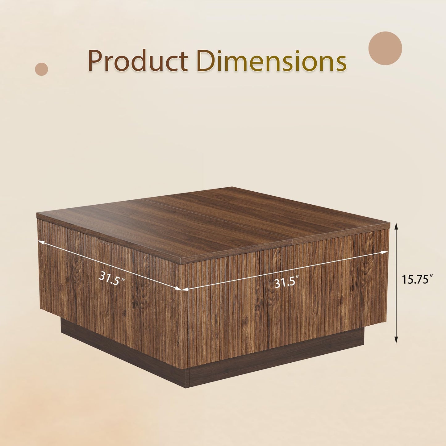 Epecoya Lift Top Coffee Table, Farmhouse Square Fluted Center Table, 31" Modern Wooden Tea Table with Hidden Storage for Living Room, Apartment, Small Spaces, Brown Walnut