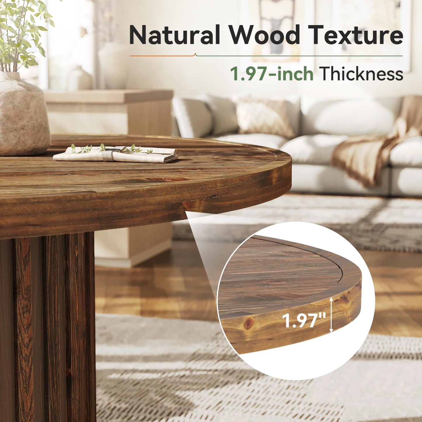 47" Solid Wood Dining Table for 4-6, Farmhouse Round Kitchen Table with Striped Pedestal Base, Circle Wooden Dining Room Furniture for Kitchen Living Room, Wood Tabletop+MDF Pedestal Base
