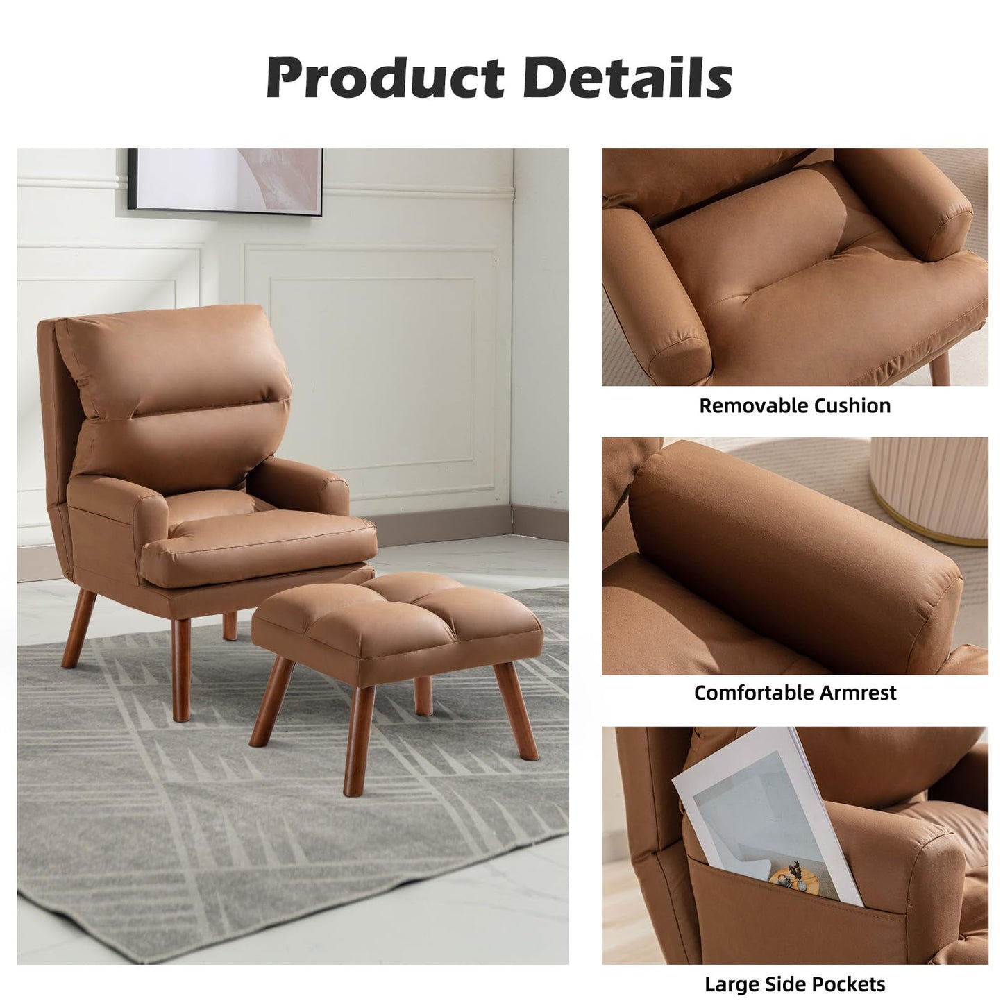 IOMOR Accent Chair with Ottoman Comfy Reading Chair Armchair with Adjustable Backrest and Side Pockets Soft Fabric Leisure Sofa for Bedroom, Living Room, Dorm Rooms, Garden, Beige
