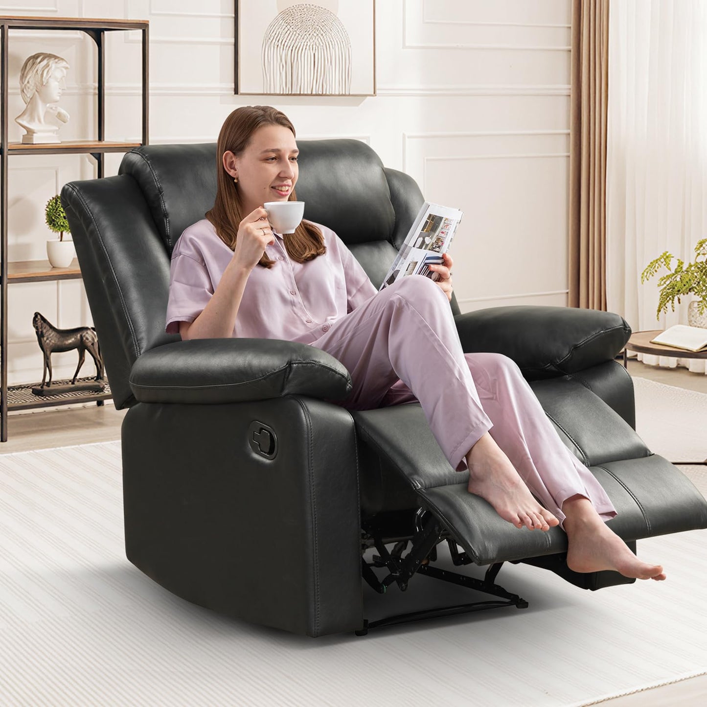 IOMOR Manual Recliner Chair with Overstuffed Arm and Extra-Padded Back, Breathable PU Leather Reclining Chair for Adults, Single Sofa for Living Room, Bedroom (Dark Brown)