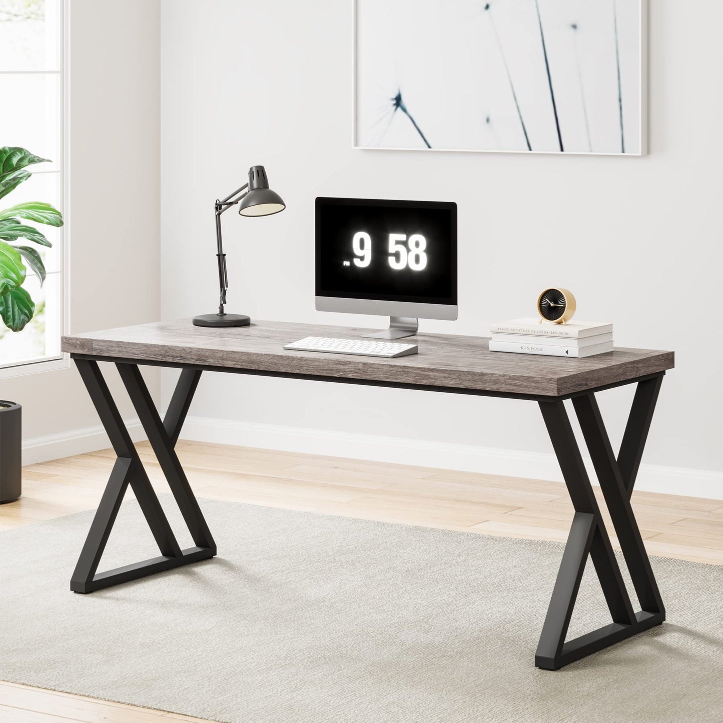 Tribesigns Modern Walnut/White 55" Heavy Duty Computer Desk, Study & Work Desk, 23.6"D x 55.1"W x 29.5"H, Z-Shaped Metal Legs, 330 lbs Capacity
