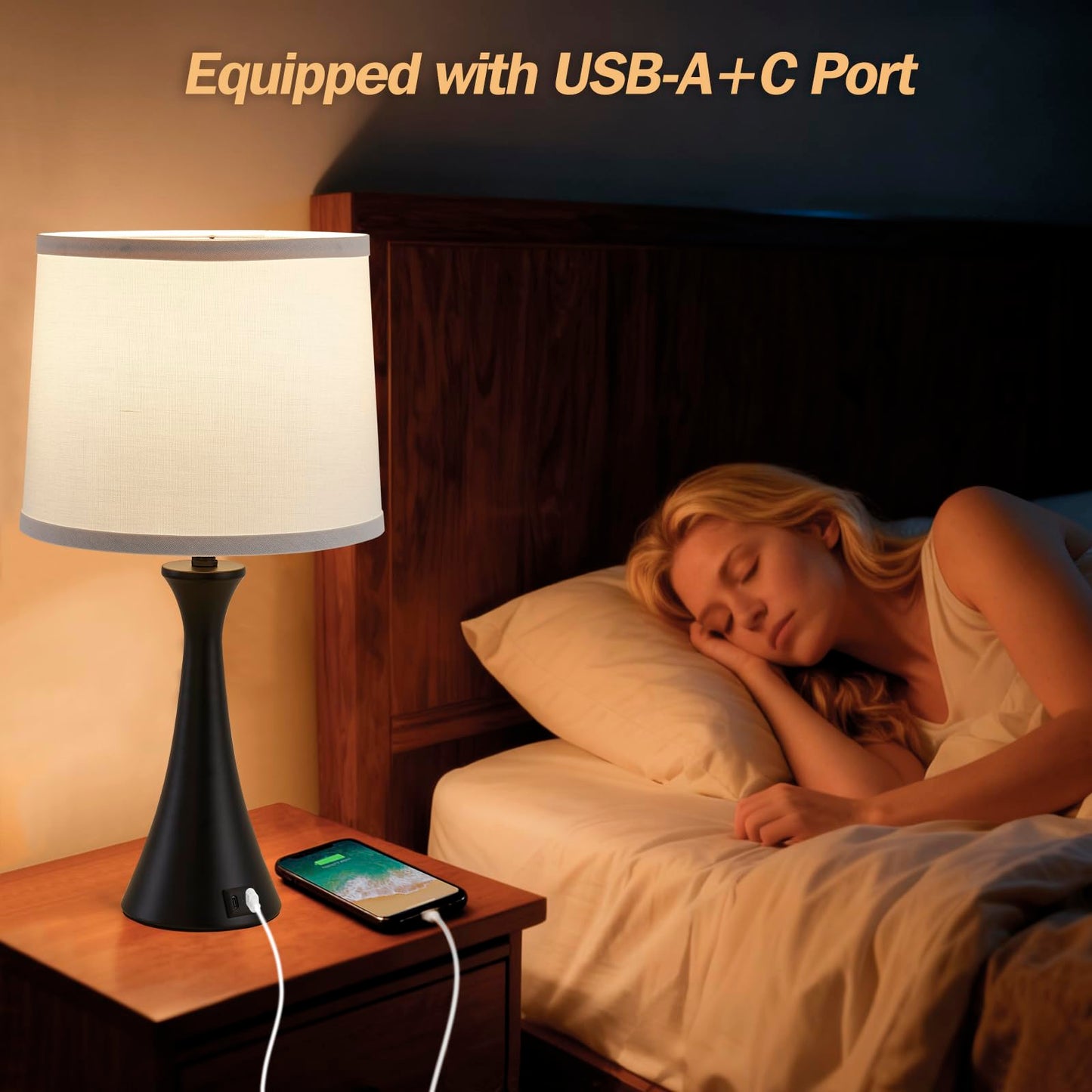 Touch Lamp for Living Room Bedroom, 21" Table Lamps Set of 2 with USB C+A Ports, Touch Bedside Lamps for Nightstand with 3 Way Dimmable, 2 LED Bulbs Included, Black