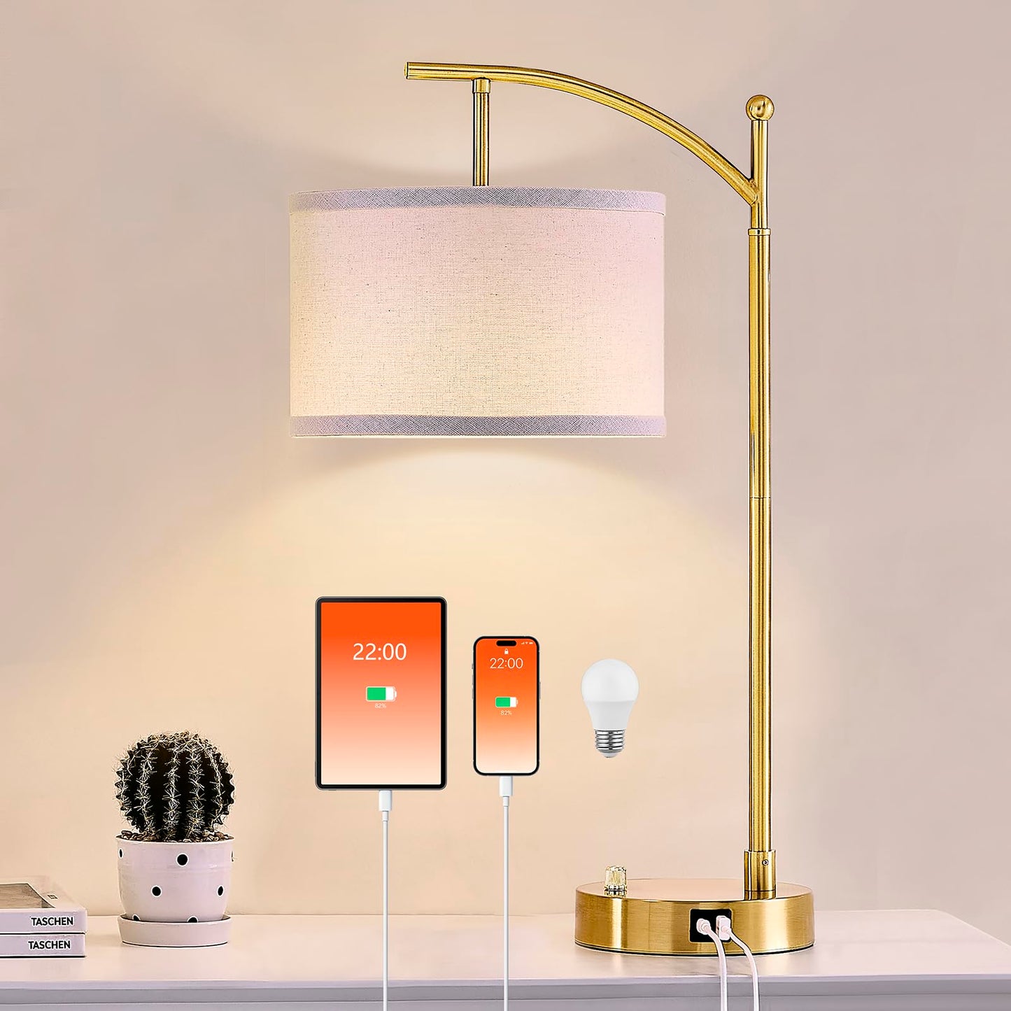 Table Lamp for Living Room Bedroom, 23.5" Table Lamps Set of 2 with USB C+A Ports, Bedside Lamps for Nightstand with Linen Lamp Shades, 2 Dimmable LED Bulbs Included, Black