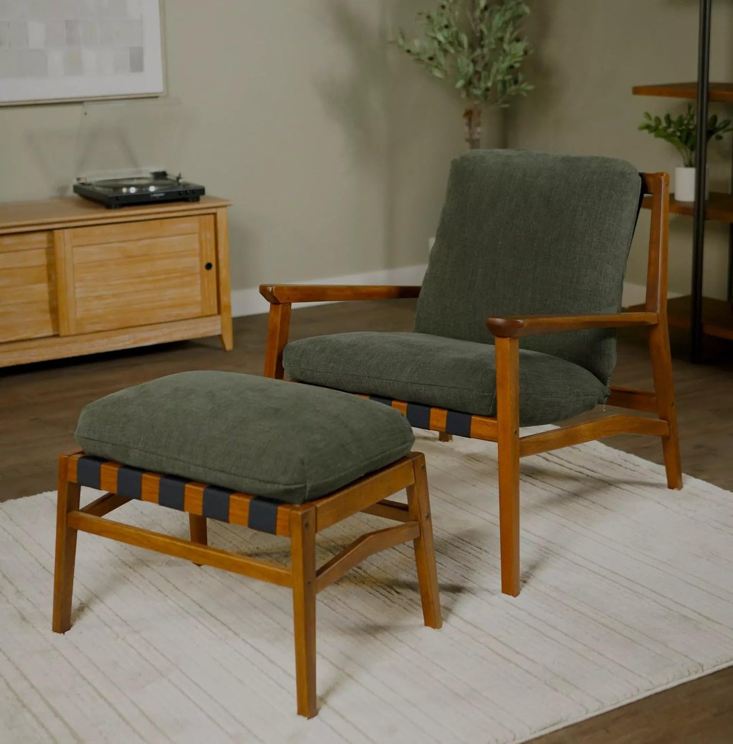 Grain Wood Furniture Solid Wood Mid Century Lounge Chair with Stone Gray Cushions