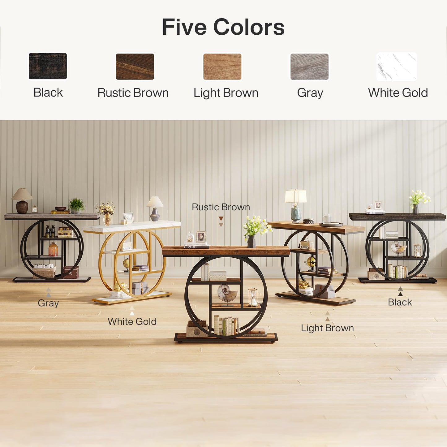 Tribesigns 41.3" Console Table, Industrial 4-Tier Sofa Table Entryway Table with Circle Base, Narrow Wood Accent Tables with Storage Shelves for Living Room, Hallway, Foyer, Rustic Brown