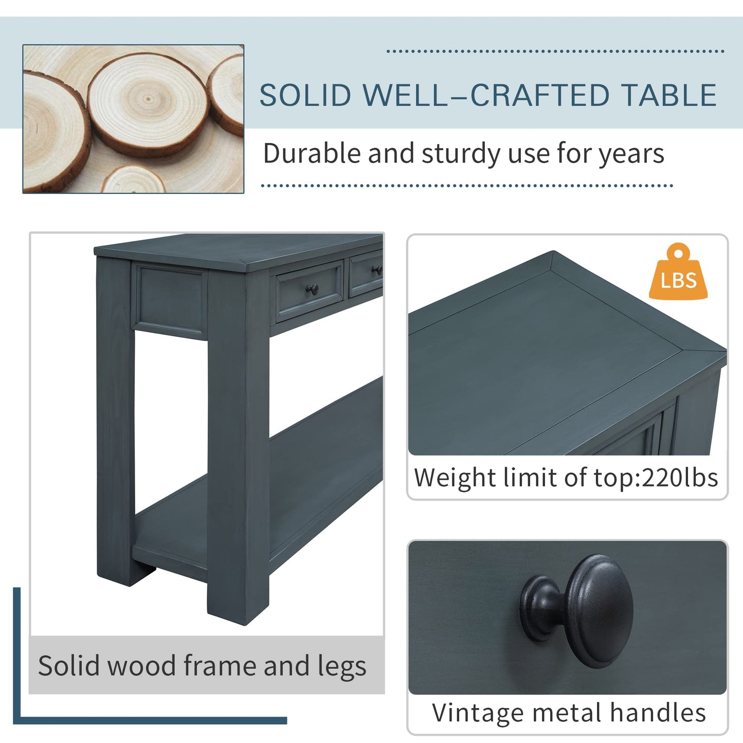 LKTART 63" Solid Wood Console Table Sofa Table with Storage Drawers and Bottom Shelf,Farmhouse Entryway Table for Hallway Foyer,Living Room,Easy Assembled (63" Espresso)