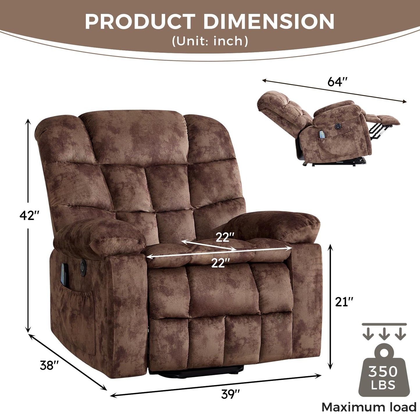 IOMOR Large Power Lift Recliner with Massage and Heat for Elderly, Heavy Duty & Safety Motion Reclining Mechanism, Ergonomic Electric Wider Chair with USB Port, 2 Hidden Cup Holders (1, Brown)