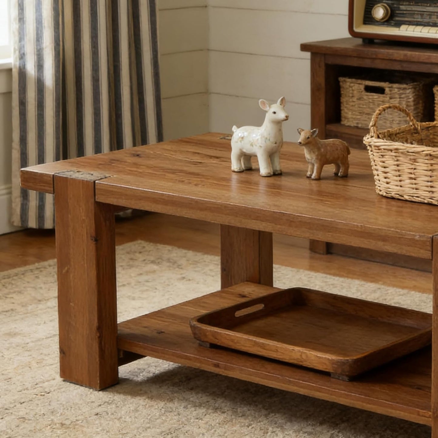 Solid Wood Coffee Table with 2-Tier Storage Shelf, 47.2" Farmhouse Rectangle Center Table Furniture for Living Room, Apartment, Office, Rustic Brown