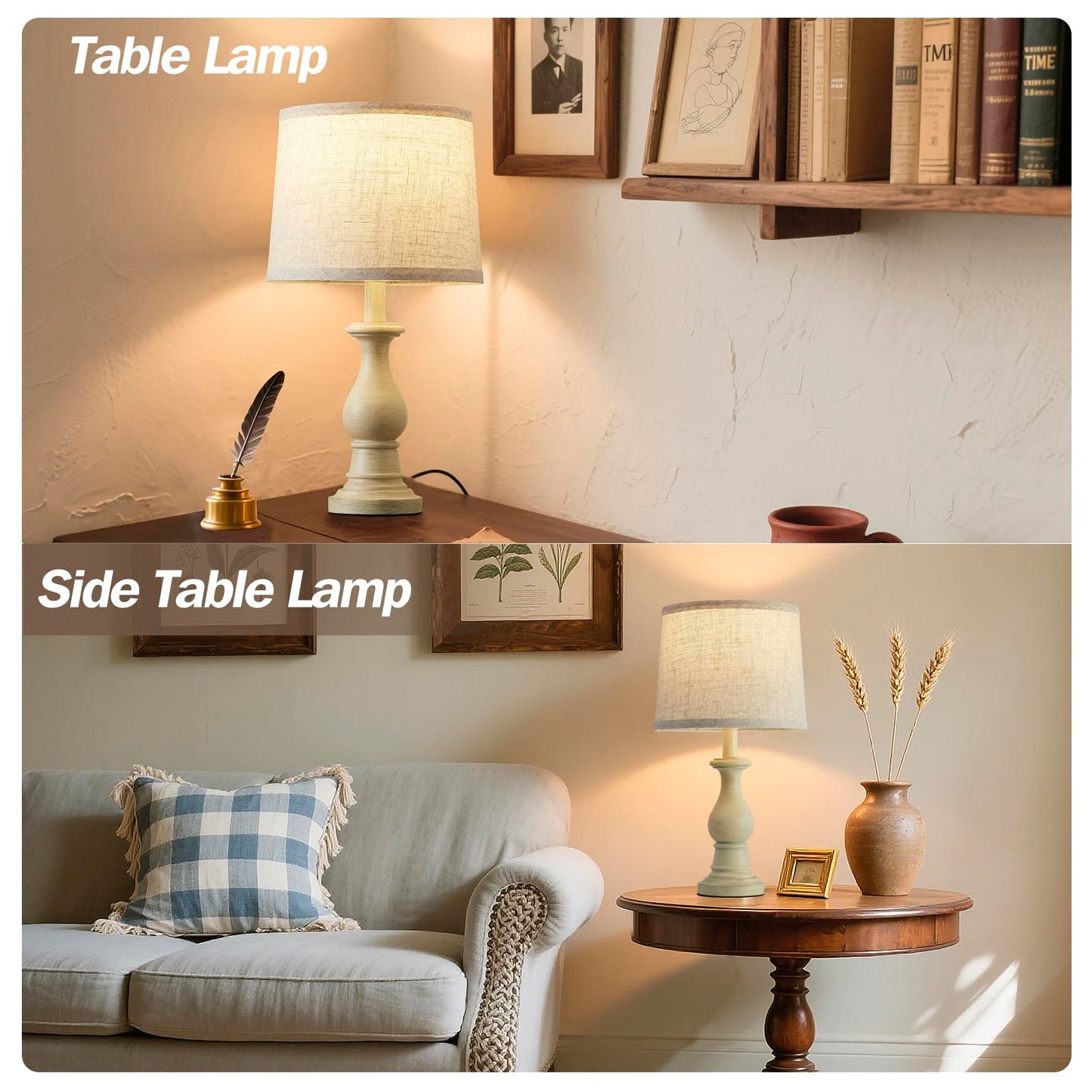 Vintage Table Lamp for Living Room Bedroom, 18.5" Farmhouse Bedside Lamps Nightstand Lamp Set of 2, Table Lamps with Oatmeal Linen Lamp Shades, 2 LED Bulbs Included