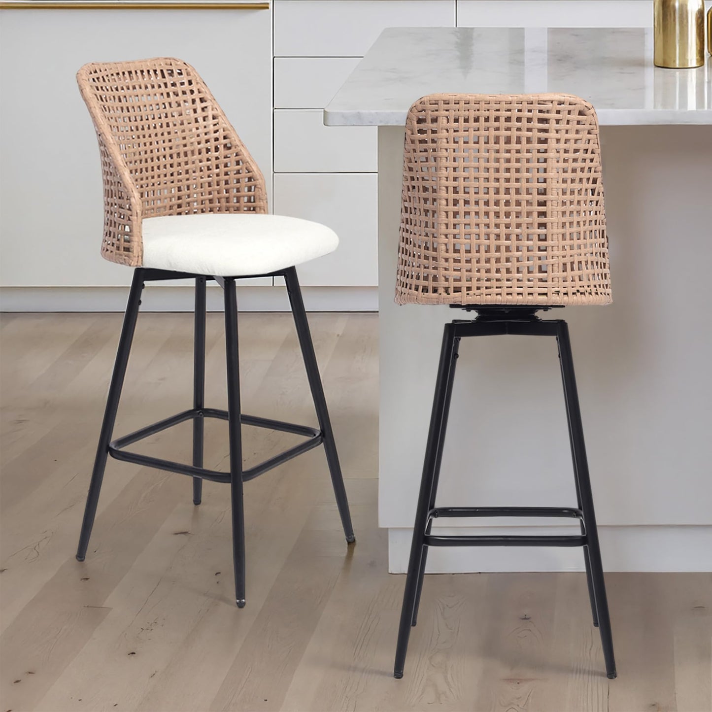 28.7" Swivel Bar Stools Set of 2, Mid Century Modern Counter Height Barstools with Rattan Backrest, Upholstered Chenille Armless Bar Chair Island Stools for Kitchen Island, Bar, Beige