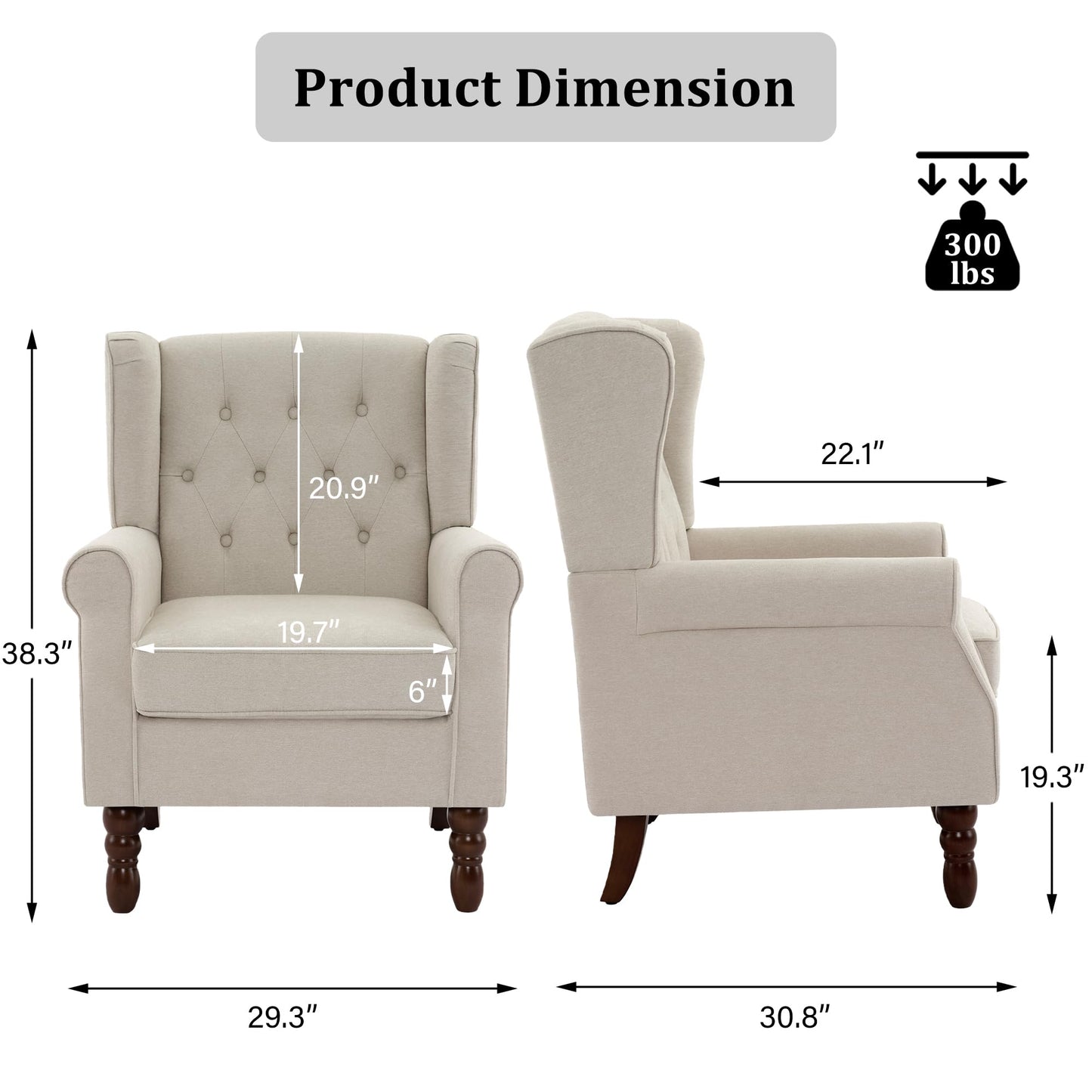 Faux Leather Wingback Chairs Set of 2, High Back Accent Chair for Living Room, Button-Tufted Upholstered Armchair with Solid Wood Legs, Comfy Reading Chair for Bedroom, Brown