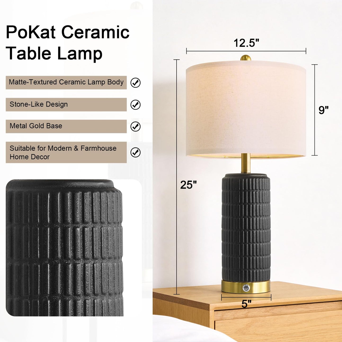 PoKat Touch Bedside Table Lamps with USB Ports for Bedroom Living Room, 25'' Dimmable Nightstand Touch Lamps for Living Room, Modern Ceramic Lamps for Night Stands Bedroom, Office, White and Beige