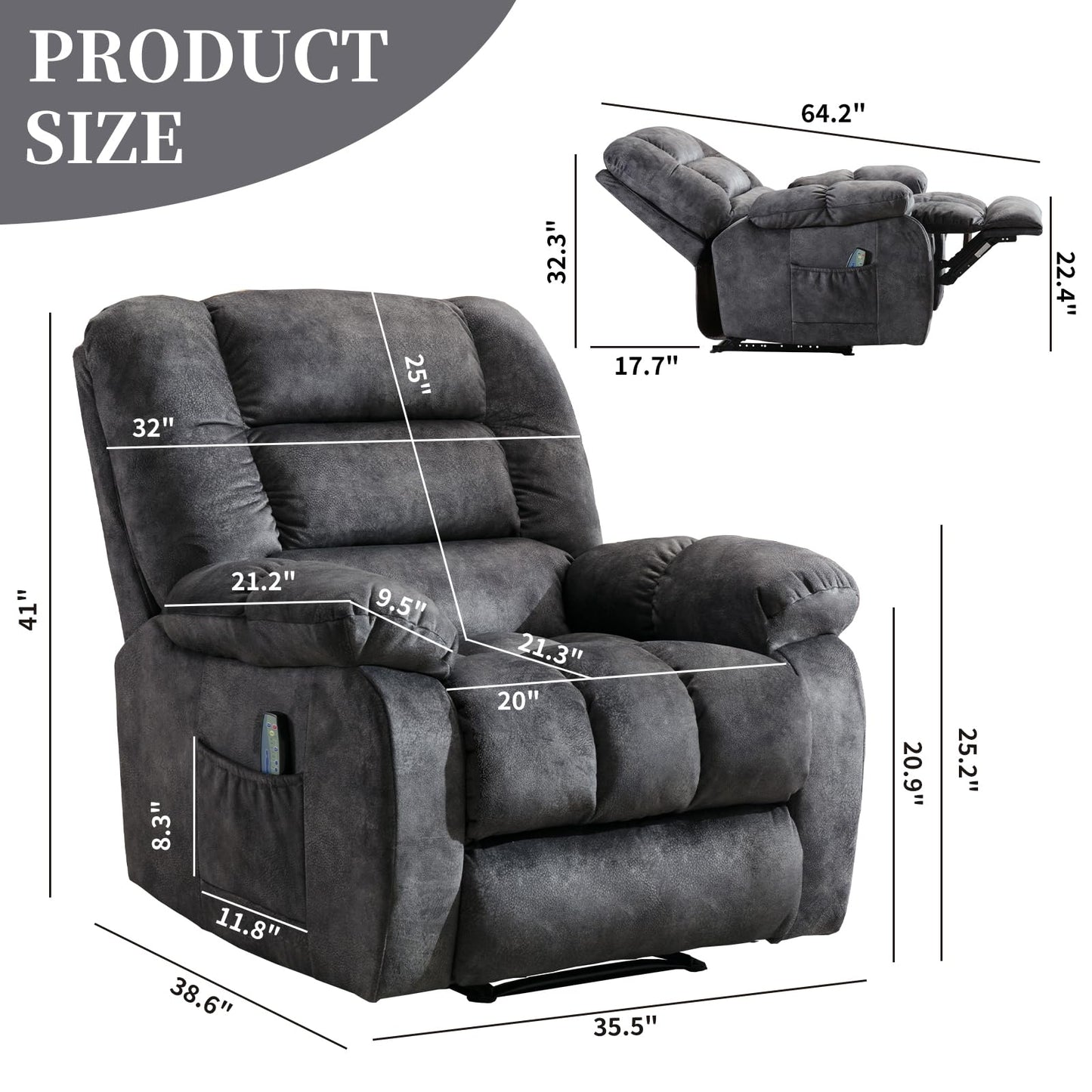 IOMOR Massage Recliner Chair with Heat and Massage, Ergonomic Overstuffed Breathable Fabric Reclining Chairs, Single Sofa Chair with Side Pockets for Living Room Home Theater (Dark Gray)