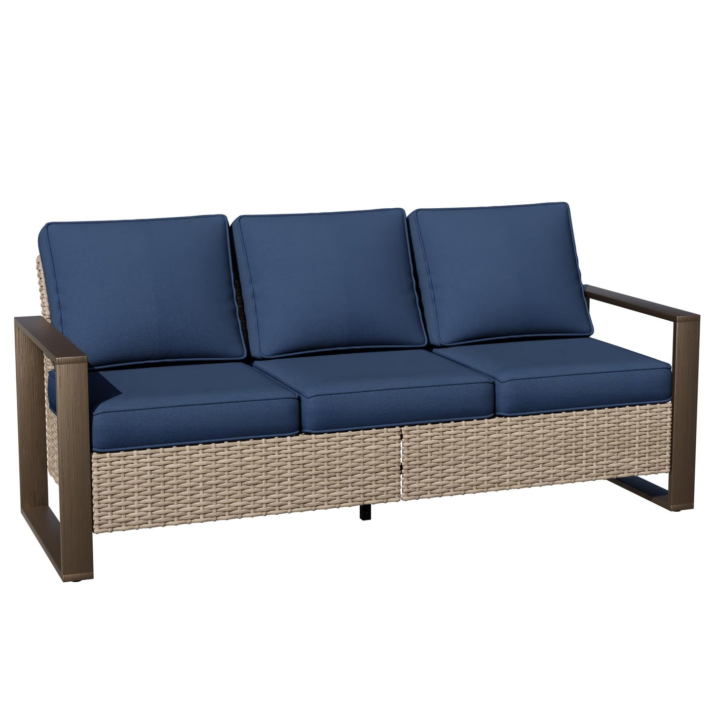 Joyside Outdoor Patio Wicker Sofa, 3-Seater Rattan Sofa with Thick Olefin Cushions and Metal Steel Rectangular Framed Armrest -Looking Metal Armrest Suitable for Garden, Backyard, Porch, Deck