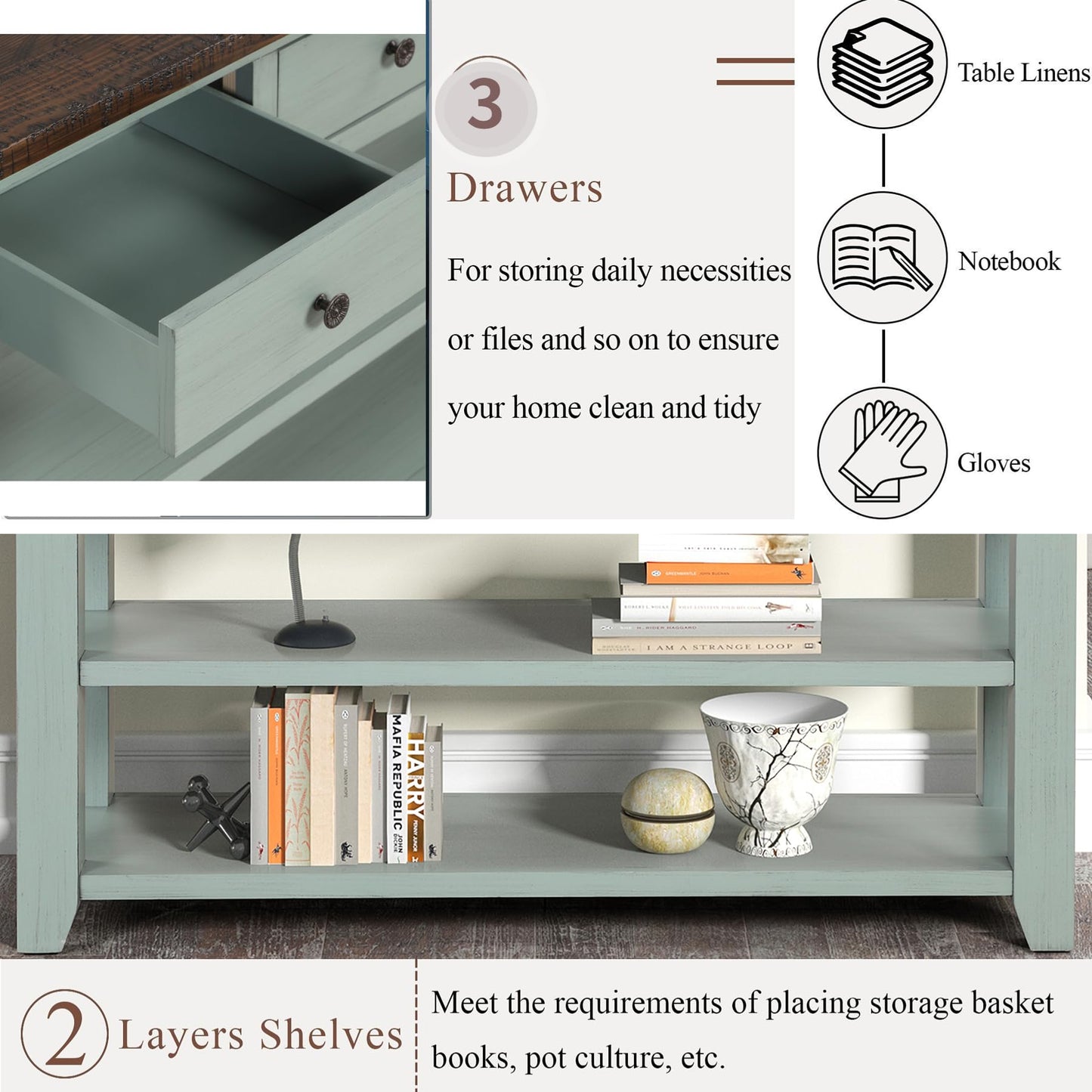 LKTART Solid Wood Console Table, Sofa Table with Storage Drawers and Bottom Shelf, Entryway Table for Entry Hallway Foyer,Easy Assembled (48.8" Green)