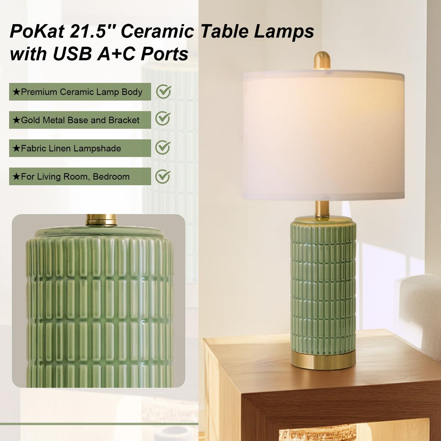 PoKat 20.75" Small Modern Ceramic Table Lamps Set of 2 for Bedroom, White Bedside Lamps for Night Stands, Farmhouse Desk Decor Gift Nightstand Table Lamps for Living Room End Table Beige