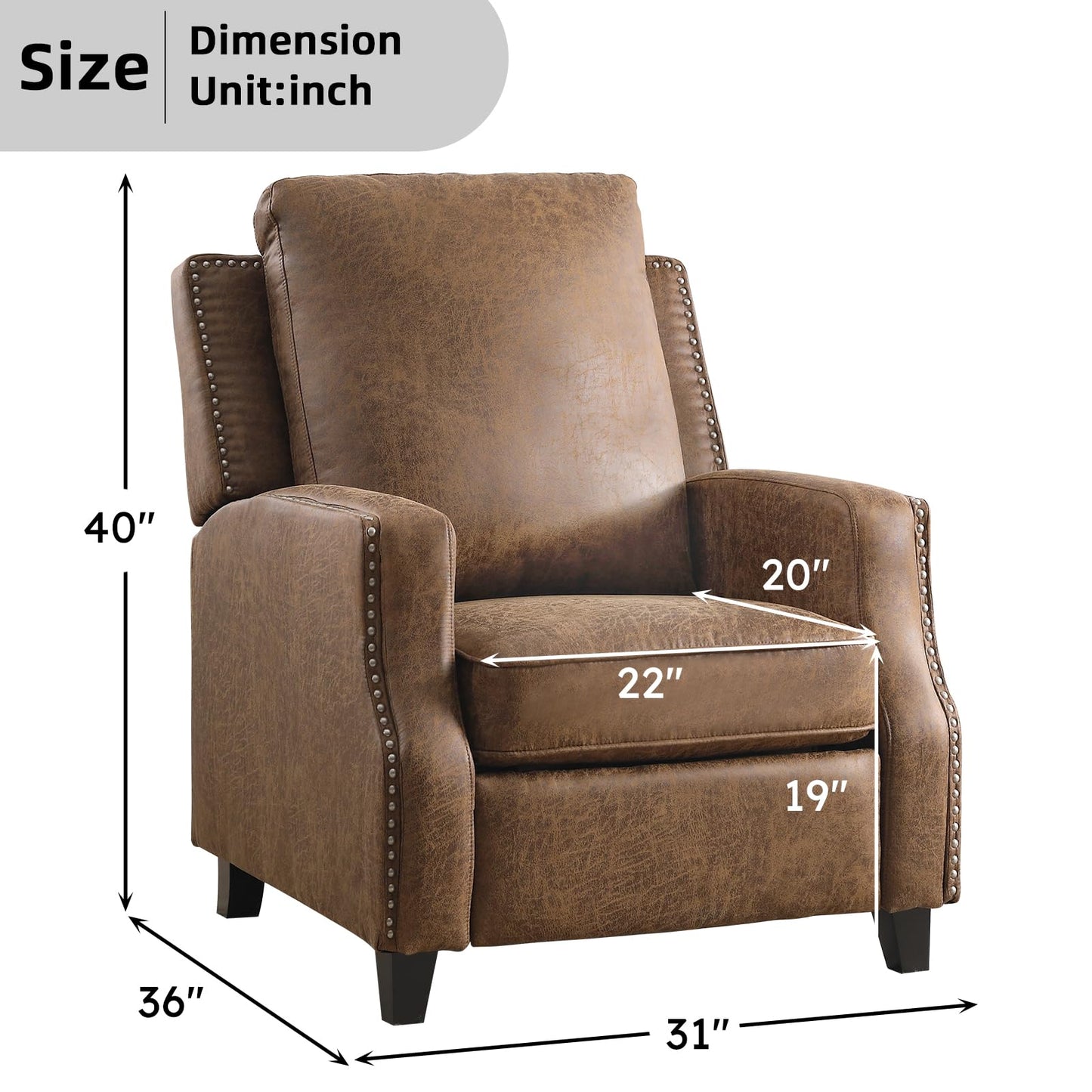 IOMOR Push Back Recliner Chair Faux Leather Lounge Armchair with Rivet Decoration Wingback Single Sofa Chair with Padded Seat Solid Wood Legs for Living Room, Comfy Upholstered, Red Brown