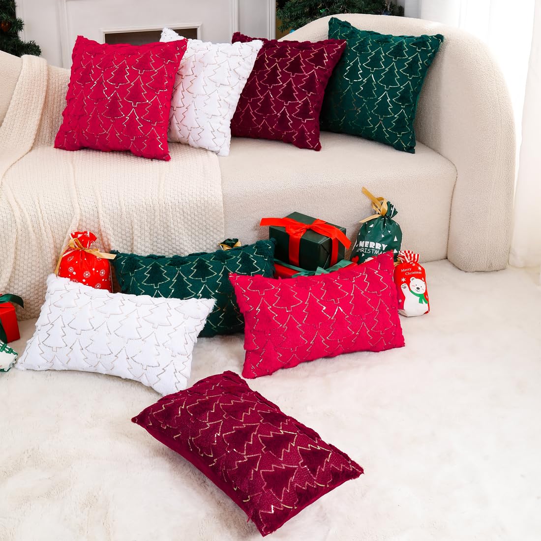 VAKADO Christmas Throw Pillow Covers 18x18 Set of 2 Embroidered Decorative Xmas Couch Cushion Cases Holiday Soft Home Decor for Bedroom Sofa Chair Porch Winter, Cream