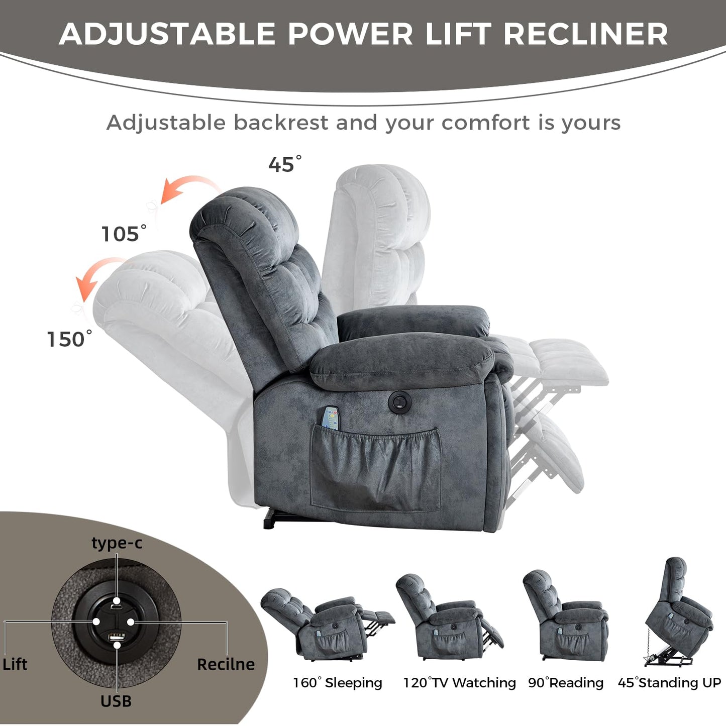 IOMOR Large Power Lift Recliner with Massage and Heat for Elderly, Heavy Duty & Safety Motion Reclining Mechanism, Ergonomic Electric Wider Chair with USB Port, 2 Hidden Cup Holders (1, Brown)