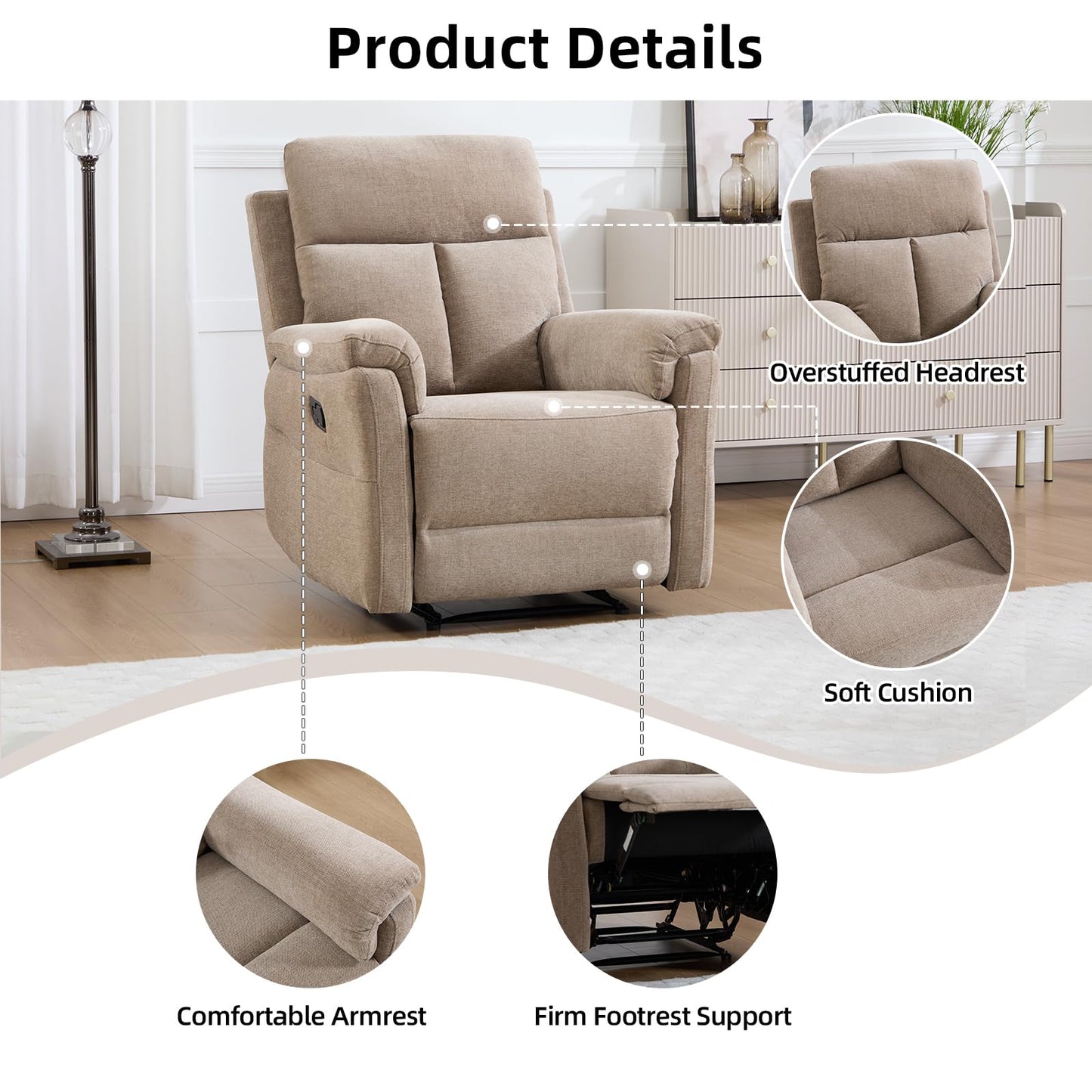 IOMOR Manual Reclining Loveseat, Soft Fabric Loveseat Recliner Couch for Adults with Overstuffed Arms and Back, Double Sofa Recliner for Living Room (Light Gray)